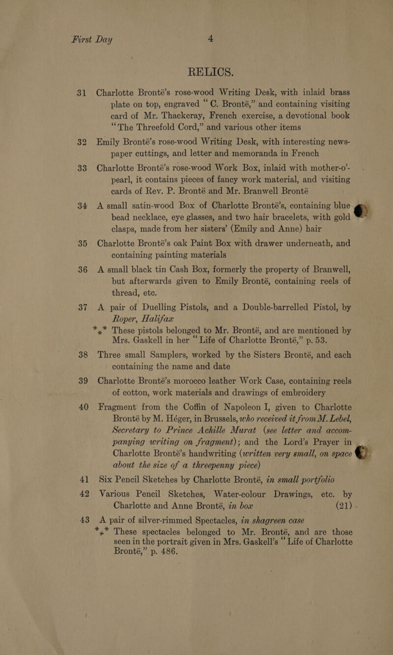 RELICS. 31 Charlotte Bronté’s rose-wood Writing Desk, with inlaid brass plate on top, engraved “ C. Bronté,” and containing visiting card of Mr. Thackeray, French exercise, a devotional book “The Threefold Cord,” and various other items 32 Emily Bronté’s rose-wood Writing Desk, with interesting news- paper cuttings, and letter and memoranda in French 33 Charlotte Bronté’s rose-wood Work Box, inlaid with mother-o’- pearl, it contains pieces of fancy work material, and visiting cards of Rev. P. Bronté and Mr. Branwell Bronté 34 A small satin-wood Box of Charlotte Bronté’s, containing blue a bead necklace, eye glasses, and two hair bracelets, with gold clasps, made from her sisters’ (Emily and Anne) hair 85 Charlotte Bronté’s oak Paint Box with drawer underneath, and containing painting materials 36 A small black tin Cash Box, formerly the property of Branwell, but afterwards given to Emily Bronté, containing reels of thread, etc. 37 &lt;A pair of Duelling Pistols, and a Double-barrelled Pistol, by Roper, Halifax *,* These pistols belonged to Mr. Bronté, and are mentioned by Mrs. Gaskell in her “ Life of Charlotte Bronté,” p. 53. 38 Three small Samplers, worked by the Sisters Bronté, and each containing the name and date 39 Charlotte Bronté’s morocco leather Work Case, containing reels of cotton, work materials and drawings of embroidery 40 Fragment from the Coffin of Napoleon I, given to Charlotte Bronté by M. Héger, in Brussels, who received it from M. Lebel, Secretary to Prince Achille Murat (see letter and accom- panying writing on Fragment); and the Lord’s Prayer in _ &gt; Charlotte Bronté’s handwriting (written very small, on space € about the size of a threepenny piece) 41 Six Pencil Sketches by Charlotte Bronté, 7m small portfolio 42 Various Pencil Sketches, Water-colour Drawings, etc. by Charlotte and Anne Bronté, in box (21) 43 &lt;A pair of silver-rimmed Spectacles, in shagreen case *,* These spectacles belonged to Mr. Bronté, and are those seen in the portrait given in Mrs. Gaskell’s “ Life of Charlotte Bronté,” p. 486.