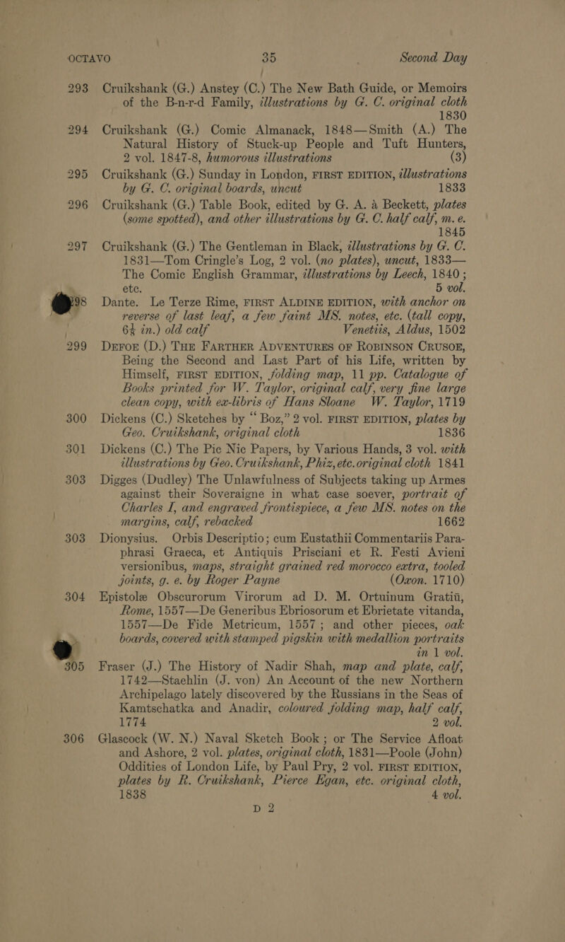 303 304 306 Cruikshank (G.) Anstey (C.) The New Bath Guide, or Memoirs of the B-n-r-d Family, zllustrations by G. C. original cloth 1830 Cruikshank (G.) Comic Almanack, 1848—Smith (A.) The Natural History of Stuck-up People and Tuft Hunters, 2 vol. 1847-8, humorous tllustrations (3) Cruikshank (G.) Sunday in London, FIRST EDITION, ¢llustrations by G. C. original boards, uncut 1833 Cruikshank (G.) Table Book, edited by G. A. &amp; Beckett, plates (some spotted), and other illustrations by G. C. half calf, m. e. 1845 Cruikshank (G.) The Gentleman in Black, élustrations by G. C. 1831—Tom Cringle’s Log, 2 vol. (no plates), uncut, 1833— The Comic English Grammar, ¢llustrations by Leech, 1840 ; ete. 5 vol. Dante. Le Terze Rime, FIRST ALDINE EDITION, with anchor on reverse of last leaf, a few faint MS. notes, ete. (tall copy, 64 in.) old calf Venetiis, Aldus, 1502 DerFor (D.) THE FARTHER ADVENTURES OF ROBINSON CRUSOE, Being the Second and Last Part of his Life, written by Himself, FIRST EDITION, folding map, 11 pp. Catalogue of Books printed for W. Taylor, original calf, very fine large clean copy, with ex-libris of Hans Sloane W. Taylor, 1719 Dickens (C.) Sketches by “ Boz,” 2 vol. FIRST EDITION, plates by Geo. Cruikshank, original cloth 1836 Dickens (C.) The Pic Nic Papers, by Various Hands, 3 vol. with illustrations by Geo. Cruikshank, Phiz, etc.original cloth 1841 Digges (Dudley) The Unlawfulness of Subjects taking up Armes against their Soveraigne in what case soever, portrait of Charles I, and engraved frontispiece, a few MS. notes on the margins, calf, rebacked 1662 Dionysius. Orbis Descriptio; cum Eustathii Commentariis Para- phrasi Graeca, et Antiquis Prisciani et R. Festi Avieni versionibus, maps, straight grained red morocco extra, tooled joints, g. e. by Roger Payne (Oxon. 1710) Epistole Obscurorum Virorum ad D. M. Ortuinum Gratii, Ftome, 1557—De Generibus Ebriosorum et Ebrietate vitanda, 1557—De Fide Metricum, 1557; and other pieces, oak boards, covered with stamped pigskin with medallion portraits in 1 vol. Fraser (J.) The History of Nadir Shah, map and plate, calf, 1742—Staehlin (J. von) An Account of the new Northern Archipelago lately discovered by the Russians in the Seas of Kamtschatka and Anadir, coloured folding map, half calf, 1774 2 vol. Glascock (W. N.) Naval Sketch Book ; or The Service Afloat and Ashore, 2 vol. plates, original cloth, 1831—Poole (John) Oddities of London Life, by Paul Pry, 2 vol. FIRST EDITION, plates by R. Cruikshank, Pierce Egan, etc. original cloth, 1838 4 vol. D 2