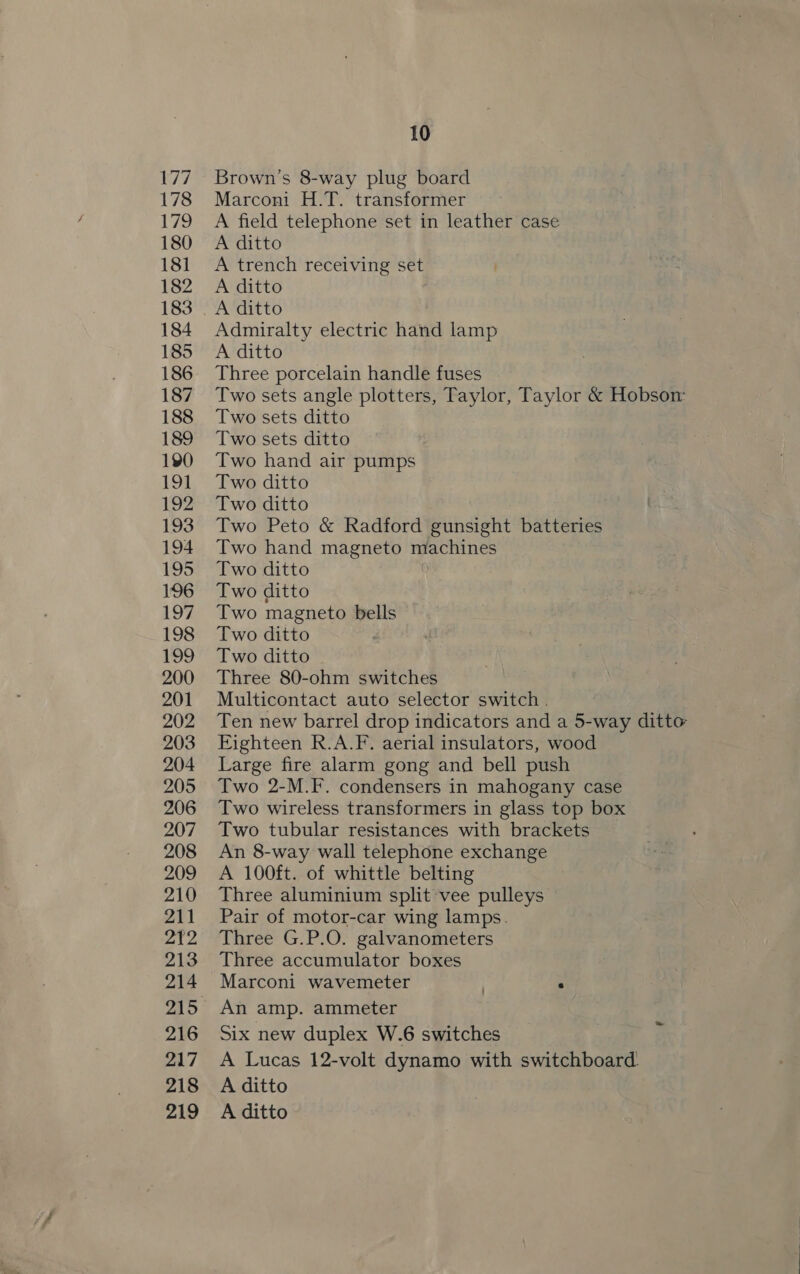 177 178 179 180 181 182 183 184 185 186 187 188 189 190 191 192 193 194 195 196 hey 198 199 200 201 202 203 204 205 206 207 208 209 210 211 22 213 214 216 217 218 219 10 Brown's 8-way plug board Marconi H.T. transformer A field telephone set in leather case A ditto A trench receiving set A ditto A ditto Admiralty electric hand lamp A ditto Three porcelain handle fuses Two sets angle plotters, Taylor, Taylor &amp; Hobson: Two sets ditto Two sets ditto Two hand air pumps Two ditto Two ditto Two Peto &amp; Radford gunsight batteries Two hand magneto machines Two ditto Two ditto Two magneto bells Two ditto Two ditto Three 80-ohm switches Multicontact auto selector switch . Ten new barrel drop indicators and a 5-way ditto Eighteen R.A.F. aerial insulators, wood Large fire alarm gong and bell push Two 2-M.F. condensers in mahogany case Two wireless transformers in glass top box Two tubular resistances with brackets An 8-way wall telephone exchange A 100ft. of whittle belting Three aluminium split vee pulleys Pair of motor-car wing lamps. Three G.P.O. galvanometers Three accumulator boxes Marconi wavemeter . . An amp. ammeter Six new duplex W.6 switches A Lucas 12-volt dynamo with switchboard A ditto A ditto