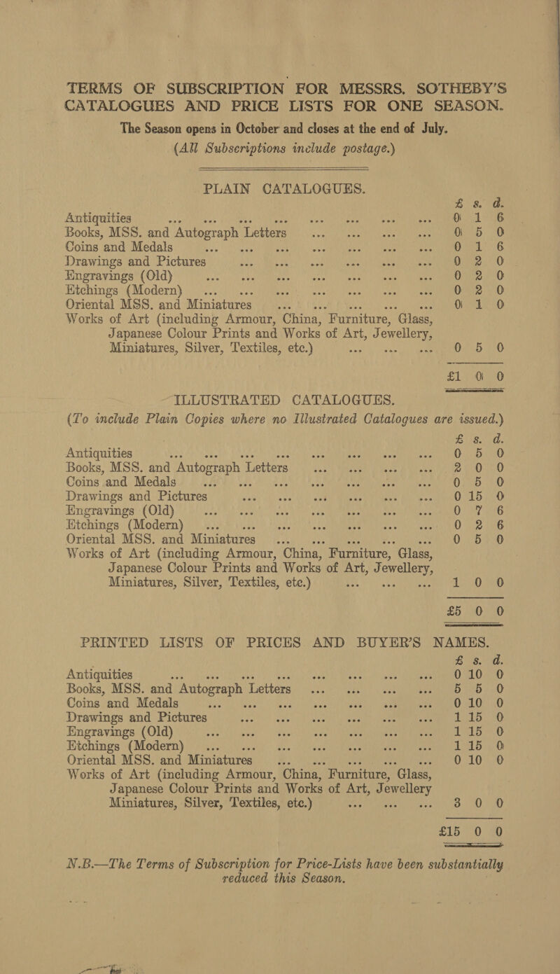 TERMS OF SUBSCRIPTION FOR MESSRS, SOTHEBY’S CATALOGUES AND PRICE LISTS FOR ONE SEASON. The Season opens in October and closes at the end of July. (All Subseriptions include postage.)  PLAIN CATALOGUES. Zs. Gd. Antiquities a ici bay), SRM age MO Stk Sra Books, MSS. and Autograph L Letters (0 5 6 Coins and Medals o's gpm sat Jeadenat URS Rage Drawings and Pictures PSEaraRS A aaa Pe Pe VN 0 2 0 Hngravings (Old) 0 2 0 Hichings (Modern) Blah leetet | oeelal (0 tm died) | |e OS Oriental MSS. and Miniatures... ? 1 0 Works of Art (including Armour, China, “Furniture, ‘Glass, Japanese Colour Prints and Works of Art, J ewellery, Miniatures, Silver, Textiles, etc.) 0 5 0 £1 0 0 ILLUSTRATED CATALOGUES. | (To include Plain Copies where no Illustrated Catalogues are issued.) SGanoooo® B S. Antiquities vest Mareen idee 0 5 Books, MSS. and Autograph 1 Letters cb) Meseen WL bees zx 0 Coins and Medals fs a sialic eae 0 5 Drawings and Pictures RMR RCE. ides cy py 9 0 15 Kngravings (Old) 0 7 Kitchings (Modern) 0 2 Oriental MSS. and Miniatures E 0 5 Works of Art (including Armour, China, Furniture, “Glass, Japanese Colour Prints and Works of Art, Tewellery Miniatures, Silver, Textiles, ete.) 1 0 0 £5 0 0 PRINTED LISTS OF PRICES AND BUYER'S NAMES. 68.0, Antiquities ou) eee eh ee De eee, UO maaD Coins and Medals bss tr emmmes S) Re Re Drawings and Pictures Pe Ue rR SPN iach ik Mgr bawley F Kngravings (Old) wielat\( biieiel! bat LU vt acto ke ney ee Ria) 2 Etchings (Modern) ... oo it) Met eRe en ee ean CLO ba UR Oriental MSS. and Miniatures... 010 0 Works of Art (including Armour, China, Furniture, ‘Glass, Japanese Colour Prints and Works of Art, J ewellery Miniatures, Silver, Textiles, etc.) - 38 0 0 £15 0 0 “see cee N.B.—The Terms of Subscription for Price-Insts have been substantially reduced this Season. Pade treet 