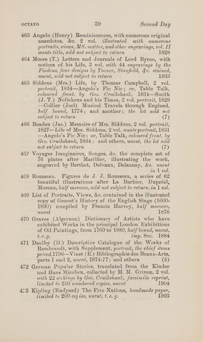 463 Angelo (Henry) Reminiscences, with numerous original anecdotes, d&amp;c. 2 vol. <dllustrated with numerous portraits, views, MS. matter, and other engravings, vol. IT wants title, sold not subject to return 1828 464 Moore (T.) Letters and Journals of Lord Byron, with notices of his Life, 3 vol. with 44 engravings by the Findens, four designs by Turner, Stanfield, Sc. starned, uncut, sold not subject to return 1833 465 Siddons (Mrs.) Life, by Thomas Campbell, 2 vol. portrait, 1834—Angelo’s Pic Nic; or, Table Talk, coloured front. by Geo. Cruikshank, 1834—Smith (J. T.) Nollekens and his Times, 2 vol. portratt, 1829 —Collier (Joel) Musical Travels through England, half bound, 1774; and another; the lot sold not subject to return (7) 466 Boaden (Jas.) Memoirs of Mrs. Siddons, 2 vol. portrait, 1827— Life of Mrs. Siddons, 2 vol. wants portrait, 1831 —Angelo’s Pic Nic; or, Table Talk, coloured front. by Geo. Cruikshank, 1834; and others, uncut, the lot sold not sulyject to return (7) 467 Voyages Imaginaires, Songes, &amp;c. the complete set of 76 plates after Marillier, illustrating the work, engraved by Berthet, Delvaux, Delaunay, &amp;c. uncut im | vol. 468 Rousseau. Figures de J. J. Rousseau, a series of 62 beautiful illustrations after La Barbier, Dupréel, Moreau, half morocco, sold not subject to return, wn 1 vol. 469 List of Portraits, Views, &amp;c. contained in the illustrated copy of Genest’s History of the English Stage (1600- 1830) compiled by Francis Harvey, half moroceo, uncut 1876 470 Graves (Algernon) Dictionary of Artists who have exhibited Works in the principal London Exhibitions of Oil Paintings, from 1760 to 1880, half bound, uncut, bye. Oe emp. 8vo. 1884 471 Daulby (D.) Descriptive Catalogue of the Works of Rembrandt, with Supplement, portrait, the chief items priced,1796—Vinet (H.) Bibliographie des Beaux-Arts, parts 1 and 2, wneut, 1874-77; and others (5) 472 German Popular Stories, translated from the Kinder und Hans Mirchen, collected by M. M. Grimm, 2 vol. mith 22 etchings by Geo. Cruikshank, facsimile repront, limited to 250 numbered copies, uncut 1904 473 Kipling (Rudyard) The Five Nations, handmade paper, limited to 200 cozves, uncut, tie. g. | 1903