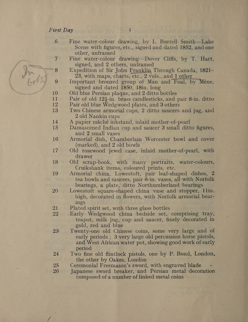 6 23 24 29 26 Fine water-colour drawing, by I. Burrell Smith—Lake Scene with figures, etc., signed and dated 1852, and one other, unframed Fine water-colour drawing—Dover Cliffs, by T. Hart, signed, and 2 others, unframed Expedition of Sir John Franklin Through Canada, 1821- 23, with maps, charts, etc., 2 vols., and 1 other Important bronzed group of Man and Foal, by ‘Mene, signed and dated 1850, 18in. long Old blue Persian plaque, and 2 ditto bottles Pair of old 124-in. brass candlesticks, and pair 8-in. ditto Pair old blue Wedewood plates, and 3 others Two Chinese armorial cups, 2 ditto saucers and jug, and 2 old Nankin cups A papier maché inkstand, inlaid mother-of-pearl Damascened Indian cup and saucer 3 small ditto figures, and 2 small vases Armorial dish, Chamberlain Worcester bowl and cover (marked), and 2 old bowls Old rosewood jewel case, inlaid mother-of-pearl, with drawer Old scrap-book, with many portraits, water-colours, Cruikshank items, coloured prints, etc. Armorial china, Lowestoft, pair leaf-shaped dishes, 2 tea bowls and saucers, pair 6-in. vases, all with Norfolk bearings, a plate, ditto Northumberland bearings Lowestoft square-shaped china vase and stopper, 1 lin. high, decorated in flowers, with Norfolk armorial bear- ings Plated spirit set, with three glass bottles Early Wedgwood china bedside set, comprising tray, teapot, milk jug, cup and saucer, finely decorated in gold, red and blue Twenty-one old Chinese coins, some very large and of early periods ; 3 very large old percussion horse pistols, and West African water pot, showing good work of early period Two fine old flintlock pistols, one by P. Bond, London, the other by Oakes, London Ceremonial Freemason’s sword, with engraved blade + Japanese sword breaker, and Persian metal decoration composed of a number of linked metal coins