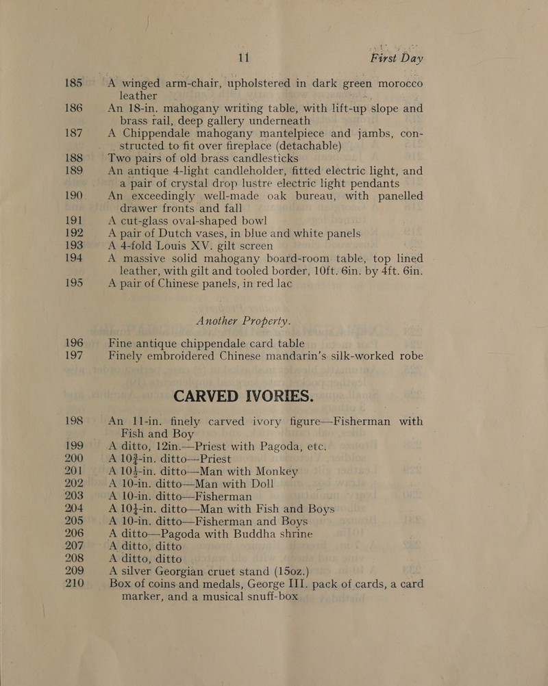 185 186 187 188 189 191 192 193 194 195 196 197 198 199 200 201 202 203 204 205 206 207 208 209 210 Be oe 11 First Day leather «i An 18-in. mahogany writing table, with lift-up slope and brass rail, deep gallery underneath A Chippendale mahogany mantelpiece and jambs, con- _ structed to fit over fireplace (detachable) Two pairs of old brass candlesticks An antique 4-light candleholder, fitted electric light, and a pair of crystal drop lustre electric ight pendants An exceedingly well-made oak bureau, with panelled drawer fronts and fall A cut-glass oval-shaped bow! A pair of Dutch vases, in blue and white panels A 4-fold Louis XV. gilt screen A massive solid mahogany board-room table, top lined leather, with gilt and tooled border, 10ft. 6in. by 4ft. Gin. A pair of Chinese panels, in red lac Another Property. Fine antique chippendale card table Finely embroidered Chinese mandarin’s: silk-worked robe CARVED IVORIES. An Il-in. finely carved ivory figure—Fisherman with Fish and Boy A ditto, 12in.—Priest with Pagoda, etc. A 102-in. ditto—Priest A 10$-in. ditto—Man with Monkey A 10-in. ditto—Man with Doll A 10-in. ditto—Fisherman A 10}-in. ditto—Man with Fish and Boy: s A 10-1 -in. ditto—Fisherman and Boys A ditto—Pagoda with Buddha shrine A ditto, ditto A ditto, ditto A silver Georgian cruet stand (150z.) Box of coins and medals, George III. pack of cards, a card marker, and a musical snuff-box