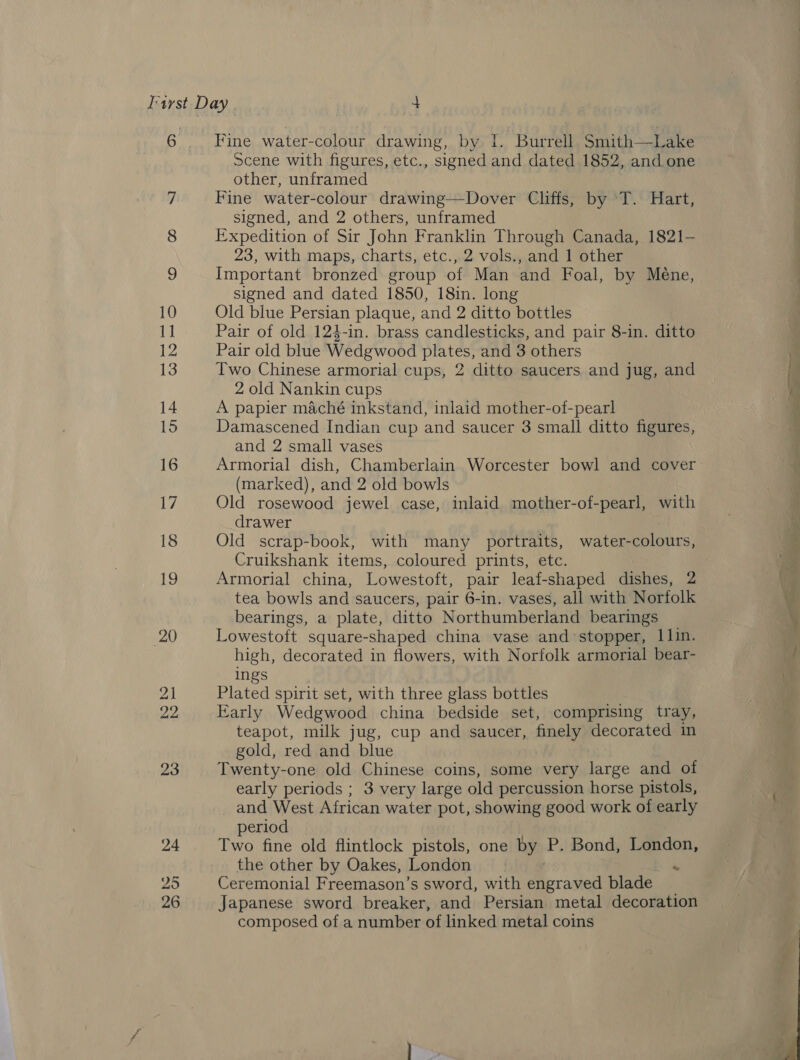 20 21 22 23 24 25 26 Fine water-colour drawing, by I. Burrell. Smith—-Lake Scene with figures, etc., signed and dated 1852, and. one other, unframed Fine water-colour drawing—Dover Cliffs, by ‘T. Hart, signed, and 2 others, unframed Expedition of Sir John Franklin Through Canada, 1821- 23, with maps, charts, etc., 2 vols., and 1 other Important bronzed group of Man and Foal, by Méne, signed and dated 1850, 18in. long Old blue Persian plaque, and 2 ditto bottles Pair of old 124-in. brass candlesticks, and pair 8-in. ditto Pair old blue Wedgwood plates, and 3 others Two Chinese armorial cups, 2 ditto saucers and jug, and 2 old Nankin cups A papier maché inkstand, inlaid mother-of-pearl Damascened Indian cup and saucer 3 small ditto figures, and 2 small vases Armorial dish, Chamberlain Worcester bowl and cover (marked), and 2 old bowls Old rosewood jewel case, inlaid mother-of-pearl, with drawer Old scrap-book, with many portraits, water-colours, Cruikshank items, coloured prints, etc. Armorial china, Lowestoft, pair leaf-shaped dishes, 2 tea bowls and saucers, pair 6-in. vases, all with Norfolk bearings, a plate, ditto Northumberland bearings Lowestoft square-shaped china vase and stopper, 1lin. high, decorated in flowers, with Norfolk armorial bear- ings Plated spirit set, with three glass bottles Early Wedgwood china bedside set, comprising tray, teapot, milk jug, cup and saucer, finely decorated in gold, red and blue Twenty-one old Chinese coins, some very large and of early periods ; 3 very large old percussion horse pistols, and West African water pot, showing good work of early period Two fine old flintlock pistols, one by P. Bond, London, the other by Oakes, London ~ Ceremonial Freemason’s sword, with erased blade _ Japanese sword breaker, and Persian metal decoration composed of a number of linked metal coins