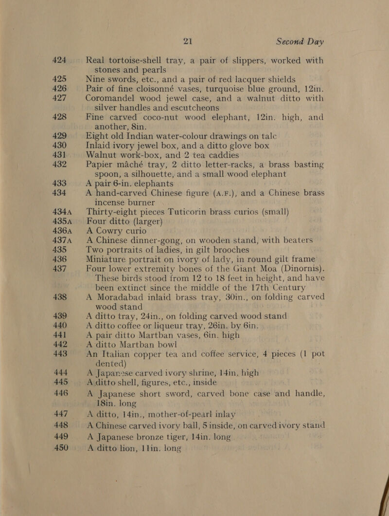 424 425 426 427 428 429 430 431. 432 433 434 4344 435A 436A A37A 435 436 437 438 439 440 44] 4492 443 444 445 446 448 449 at Second Day stones and pearls Nine swords, etc., and a pair of red lacquer shields Pair of fine cloisonné vases, turquoise blue ground, 12in. Coromandel wood jewel case, and a walnut ditto with - silver handles and escutcheons Fine carved coco-nut wood elephant, 12in. high, and another, 8in. Eight old Indian water-colour drawings on talc Inlaid ivory jewel box, and a ditto glove box Walnut work-box, and 2 tea caddies Papier maché tray, 2 ditto letter-racks, a brass basting spoon, a silhouette, and a small wood elephant A pair 6-in. elephants A | A hand-carved Chinese figure (A.F.), and a Chinese brass incense burner | | Thirty-eight pieces Tuticorin brass curios (small) Four ditto (larger) | A Cowry curio iF A Chinese dinner-gong, on wooden stand) nicl beaters Two portraits of ladies, in gilt brooches Miniature portrait on ivory of lady, in round gilt frame! Four lower extremity bones of the Giant Moa (Dinornis). These birds stood from 12 to 18 feet in height, and have been extinct since the middle of the 17th Century A Moradabad inlaid brass tray, 30in., on folding carved wood stand A ditto tray, 24in., on folding carved add stand A ditto coffee or liqueur tray, 26in. by 6in. A pair ditto Martban vases, 6in. high An Italian copper tea and coffee service, 4 pieces (1 pay dented) A Japan»se carved ivory shrine, 14in. high A Japanese short sword, carved bone case and handle, 18in. long A Chinese carved ivory ball, 5 inside, on carved i ivory stitial A Japanese bronze tiger, 14in. long |