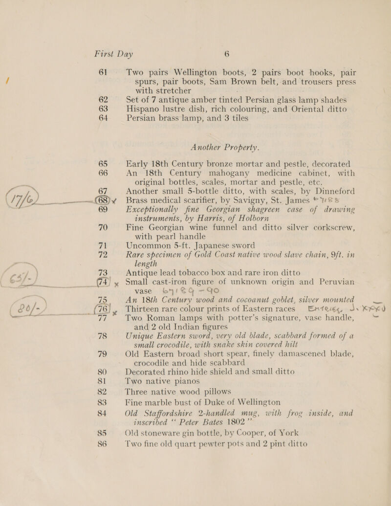 6] Two pairs Wellington boots, 2 pairs boot hooks, pair spurs, pair boots, Sam Brown belt, and trousers press with stretcher 62 Set of 7 antique amber Sneed Rersian glass we shades 63 Hispano lustre dish, rich colouring, and Oriental ditto 64 Persian brass lamp, and 3 tiles Another Property. 65 Early 18th Century bronze mortar and pestle, decorated 66 An 18th Century mahogany medicine cabinet, with original bottles, scales, mortar and pestle, etc. 67 Another small 5-bottle ditto, with scales, by Dinneford ds _--«.(68)¥ Brass medical scarifier, by Savigny, St. James © We &amp; 69 Exceptionally fine Georgian shagreen case of drawing instruments, by Harris, of Holborn 70 Fine Georgian wine funnel and ditto silver corkscrew, with pearl handle 71 Uncommon 5-it. Japanese sword 72 Rare specimen of Gold Coast native wood slave chain, Oft. in length | 73 Antique lead tobacco box and rare iron ditto ; (74) « Small cast-iron figure of unknown origin and Peruvian vase bYyI SG ~Qo 75, An 18th Century wood and cocoanut goblet, silver mounted (76) x Thirteen rare colour prints of aeteri . races Enteeg, ae vorewy A 77 Two Roman lamps with potter’s signature, vase handle, on and 2 old Indian figures 78 Unique Eastern sword, very old blade, scabbard formed of a small crocodile, with snake skin covered hilt 79 Old Eastern broad short spear, finely damascened blade, crocodile and hide scabbard 80 Decorated rhino hide shield and small ditto 81 Two native pianos 82 Three native wood pillows 83 Fine marble bust of Duke of Wellington 84 Old Staffordshire 2-handled mug, with frog inside, and inscribed ‘‘ Peter Bates 1802 ne 85 Old stoneware gin bottle, by Cooper, of York 86 Two fine old quart pewter pots and 2 pint ditto