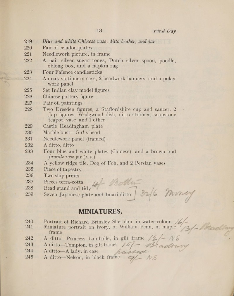Blue and white Chinese vase, ditto beaker, and jar Pair of celadon plates Needlework picture, in frame A pair silver sugar tongs, Dutch silver spoon, poodle, oblong box, and a napkin rug Four Faience candlesticks work panel Set Indian clay model figures Chinese pottery figure Pair oil paintings Two Dresden figures, a Staffordshire cup and saucer, 2 Jap figures, Wedgwood dish, ditto strainer, soapstone teapot, vase, and 1 other Castle Headingham plate Marble bust—Gir!’s head Needlework panel (framed) A ditto, ditto Four blue and white plates (Chinese), and a brown and famille rose jar (A.F.) A yellow ridge tile, Dog of Foh, and 2 Persian vases Piece of tapestry Two ship prints Pieces terra-cotta / 4 ” Bead stand and tidy of | ad or | a eA ; L Seven Japanese plate and Imari ditto | “wy &amp; fPNVICY MINIATURES, Miniature portrait on ivory, of William Penn, in maple | frame : A ditto—Princess Lamballe, in gilt frame JZ f— fi A ditto—Tompion, in gilt frame / of — SEK a cft A ditto—A lady, in case PO aa A A ditto—Nelson, in black frame cy.