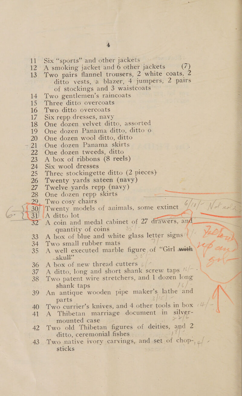    12 A smoking jacket and 6 other aKa (7) 13. Two pairs flannel trousers, 2 white coats, 2 ditto vests, ‘a blazer, 4° jumpers, 2 pairs of stockings and 3 waistcoats 14. Two gentlemen’s raincoats ? ~ 15 Three ditto overcoats : 16 Two ditto overcoats 17. Six repp dresses, navy 18 One dozen welaet ditto, assorted 19 One dozen Panama ditto, ditto o 20 One dozen wool ditto, ditto -21 One dozen Panama skirts 22 One dozen tweeds, ditto 23 A box of ribbons (8 reels) 24 Six wool dresses 25 Three stockingette ditto (2 pieces) _ 26 ‘Twenty yards sateen (navy) 27 ‘Twelve yards repp (navy) 28 One dozen repp skirts eee tinteneereeeeniencenen ‘ Two cosy chairs | eS aes 30) 'Twenty models of animals, some extinct Ll” Nek serle : lo* ge 31 “A ditto lot ‘on ihe A coin and medal cabinet of 27 drawers, - SS | quantity of coins a: i Waes A box of blue and white glass es signs /! vatp 2 Two small rubber mats eh “1 \ A well executed marble eS of “Girl svth - b tog fae skull’ \ Oe A box of new thread cutters ; [4 wh GE | A ditto, long and short shank screw taps ’ Two patent wire stretchers, and 1 dozen long shank taps ] An antique wooden pipe maker's lathe aoa parts Two currier’s knives, and 4 othe oe in box /4/ A Thibetan marriage document in aes mounted case z Two old Thibetan figures of deities, and Z | ditto, ceremonial fishes po i Two native ivory carvings, and. set of chop&gt; ee : sticks | | | 