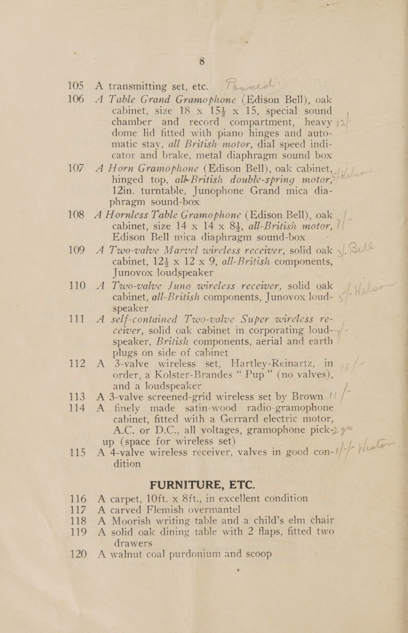 105 106 107 108 109 110 111 12 113 114 1t5 116 7; 118 iTS 120 8 —~ A transmitting set, etc. T@ wer‘ A Table Grand Gramophone (Edison Bell), oak cabinet, size 18 x 154:x' 15, special: sound dome lid fitted with piano hinges and auto- matic stay, all British motor, dial speed indi- cator and brake, metal diaphragm sound box 12in. turntable, Junophone Grand mica dia- phragm sound-box Edison Bell mica diaphragm sound-box cabinet, 124 x 12 x 9, all-British components, Junovox loudspeaker A Two-valve Juno wireless receiver, solid oe a speaker A self-contained Two-valve Super wireless re- plugs on side of cabinet A 3-valve wireless’ set, Hartley-Reinartz, in order, a Kolster-Brandes “ Pup” (no valves), and a loudspeaker A finely made satin-wood radio-gramophone cabinet, fitted with a Gerrard electric motor, up (space for wireless set) dition FURNITURE, ETC. A carpet, 10ft. x 8ft., in excellent condition A carved Flemish overmantel A Moorish writing table and a child’s elm chair A solid oak dining table with 2 flaps, fitted two drawers A walnut coal purdonium and scoop *