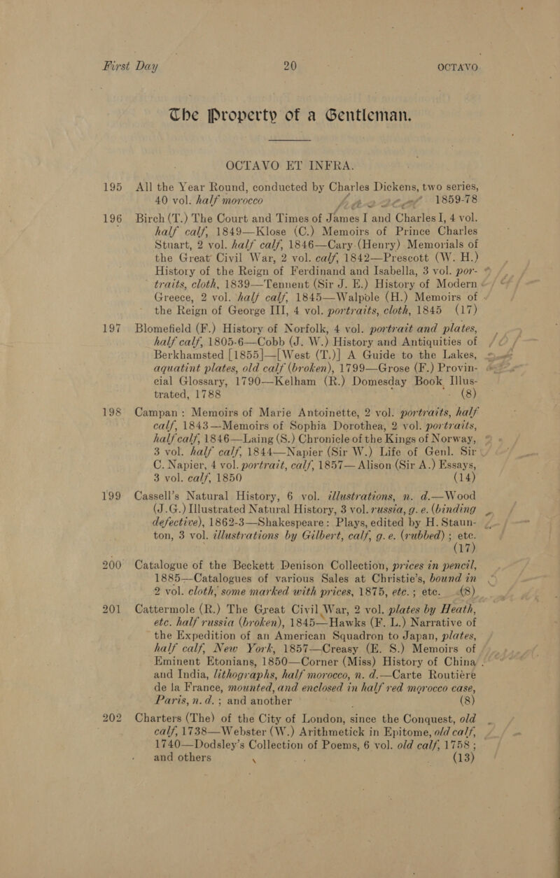 195 202 Che Property of a Gentleman. OCTAVO ET INFRA. All the Year Round, conducted by Charl es Dickens, two series, 40 vol. half morocco eo _ep 1859-78 Birch (T.) The Court and Times of thes 7 $5 Misocme 4 vol. half calf, 1849—Klose (C.) Memoirs of Prince Charles Stuart, 2 vol. half calf, 1846—Cary.(Henry) Memorials of the Great’ Civil War, 2 vol. calf, 1842—Prescott (W. H.) History of the Reign af Ferdinand and Isabella, 3 vol. por- traits, cloth, 1839—Tenneut (Sir J. E.) History of Modern « the Reign of George III, 4 vol. portraits, cloth, 1845 (17) Blomefield (F.) History of Norfolk, 4 vol. portrait and plates, half calf, 1805-6—Cobb (J. W.) History and Antiquities of Berkhamsted [1855|—[ West (T.)] A Guide to the Lakes, aquatint plates, old calf (broken), 1799—Grose (F.) Provin- cial Glossary, 1790-—-Kelham (R.) Domesday Book, Illus- trated, 1788 eee) Campan: Memoirs of Marie Antoinette, 2 vol. portraits, half calf, 1843—Memoirs of Sophia Dorothea, 2 vol. portraits, half calf, 1846—Laing (S.) Chronicle of the Kings of Norway, 3 vol. half calf, 1844—Napier (Sir W.) Life of Genl. Sir C. Napier, 4 vol. portrait, calf, 1857— Alison (Sir A.) Essays, 3 vol. calf, 1850 (14) Cassell’s Natural History, 6 vol. dllustrations, n. d.—Wood (J.G.) Illustrated Natural History, 3 vol. russia, ef e. (binding defective), 1862-3—Shakespeare: Plays, edited by H.Staun- » ton, 3 vol. illustrations by Gilbert, calf, g.e. (rubbed) se 17 Catalogue of the Beckett Denison Collection, prices in pencil, 1885—Catalogues of various Sales at Christie s, bound in 2 vol. cloth, some marked with prices, 1875, etc.; ete. (8) Cattermole (R.) The Great Civil War, 2 vol. ie by Heath, etc. half russia (broken), 1845--Hawks (F. L.) Narrative of the Expedition of an American Squadron to Japan, plates, half calf, New York, 1857—Creasy (E. 8.) Memoirs of / Eminent Etonians, 1850—Corner (Miss) History of China . and India, lithographs, half morocco, n. d.—Carte Routiére de la France, mounted, and enclosed in half red morocco case, Paris,n.d.; and another Charters (The) of the City of London, Pine the Conquest, old. calf, 1738—Webster (W.) Arithmetick in Epitome, o/d calf, | 1740—Dodsley’s Collection of Poems, 6 vol. old calf, 1758: and others 4 (13)