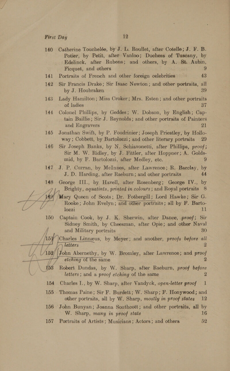 140 Catherine Touchelée, by J. L. Roullet, after Cotelle; J. F. B. Potier, by Petit, after Vanloo; Duchess of Tuscany, by ‘Edelinck, after Rubens; and_ others, Pee A. St. Aubin, Ficquet, and others 9 141 Portraits of French and other foreign séihclinhties: iy 43 142 Sir Francis Drake; Sir Isaac Newton; and other portraits, all by J. Houbraken : ek 39 143 Lady Hamilton; Miss Croker; Mrs. Esten; and other portraits of ladies 37 144 Colonel Phillips, by Geddes; W. Dobson, by English; Cap- tain Baillie; Sir J. Reynolds; and other portraits of Painters and Hngravers 21 145 Jonathan Swift, by P. Foudrinier ; J oseph Priestley, by Hollo- way ; Cobbett, by Bartolozzi; and other literary portraits 29 i46 Sir Joseph Banks, by N. Schiavonetti, after Phillips, proof; Sir M. W. Ridley, by J. Fittler, after Hoppner; A. Golds- mid, by F. Bartolozzi, after Medley, etc. : 9 147. J. P. Curran, by McInnes, after Lawrence; R. Barclay, by J.D. Harding, after Raeburn; and other portraits 44 George III., by Havell, after Rosenberg; George [V., by 7}, Buighty, aquatints, printed in colours ; and Royal portraits 8 JY? ; ‘Mary Queen of Scots; Dr. Fothergill ; Lord Hawke; Sir G. oy pee Rooke; John Evelyn; and other portraits ; all by F. Barto- aren tl lozzi el 150 Captain Cook, by J. K. Sherwin, after Dance, proof; Sir ‘Sidney Smith, by Cheesman, after Opie; and other Naval   and Military portraits 30 “\Charles Linneus, by Meyer; and another, wsiaes before all tH If keters 2 U/ LAB 89/ [John Abernethy, by W. Beomiey, after Lawrence ; cad proof ap FT etching of the same 2 158 Robert Dundas, by W. Sharp, after Raeburn, proof before s letters ; and a proof etching of the same 2 154 Charles I., by W. Sharp, after Vandyck, open-letter proof 1 155. Thomas Paine; Sir F. Burdett; W. Sharp; F. Honywood; and other portraits, all by W. Sharp, mostly in proof states 12 156 John Bunyan; Joanna Southcott; and other portraits, all by W. Sharp, many in proof state es ote 157 Portraits of Artists; Musicians; Actors; and oferk. | 52