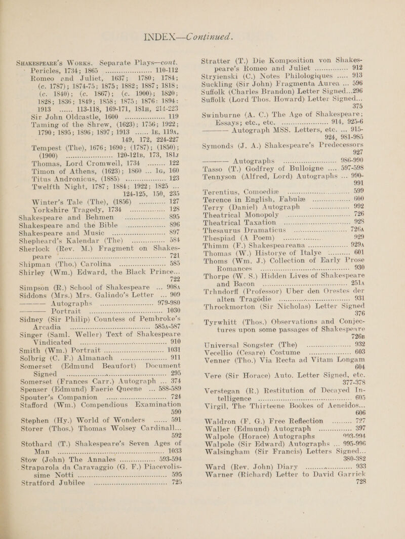  SHAKESPEARE’S WoRKS. Separate Plays—cont. SEO ECIC Se OAs GL SOD) rca ccinjcanasecsssnes's 110-112 Romeo and Juliet, 1637; 1780; 1784; (c. 1787); 1874-75; 1875; 1882; 1887; 1818; (c. 1840); (ce. 1867); (c. 1900); 1820; 1828; 1836; 1849; 1858; 1875; 1876: 1894: OES ace 113-118, 169-171, 181m, 214-223 Sit, 0 on. Oldcastle. 41600. 16 5.&lt;s25.n0s 30% sae 19 Taming of the Shr ew, (1623); 1756; 1922; (1790; 1895; 1896; 1897; 1913 ...... Ip, 119a, 149, 172, 224-227 ioniviant (The), 1676; 1690; (1787); (1850) ; CP FOO ae et casts. uc 120-121R, 173,. 181s. Thomas, Lord Cromwell, 1734. ........ 122 Timon of Athens, (1623); 1860 ... le, 160 ytas Andromicus,. (L880). atles- los ecaeeus- 123 Twelfth Night, 1787; 1884; 1922; 1825 ... 124-125, 150, 235 Winter’s.Tale. (The), (1856) ............ 177 Werkehire Tragedy, 2734 ..c....n.e- 003 128 Shakespeare and Behmen .................... 895 Shakespeare and the Bible _ .................. 896 Shakespeare and Music ~..c....ccediesccsreescs 897 Shepheards Kalendar (The) . .......0:....: 584: Sherlock (Rev. M.) Fragment on Shakes- RCO Ne tte are 5 ts ag yn Sad slant Hin Svieae yale 721 Siipmam (hho) Carolia. ~.......c.se..0sre 585 Shirley (Wm.) Edward, the Black Prince... 722 Simpson (R.) School of Shakespeare ... 908A Siddons (Mrs.) Mrs. Galindo’s Letter... 909 = NUOZTAPUS ....s cc. cece cc ceseeeees 979-980 ee MET ai Uo &lt; atinciseiz cid dovaice ane doieste Go stionee 1030 Sidney (Sir Philip) Countess of Pembroke’s PAG CNAME POA bo Nowiacs Saicbe dea oacets oe 5854-587 Singer (Saml. Weller) Text of Shakespeare VI CNS UCC inne eee ree eres ake ene Bes 910 SiGe OW tie) POTEPAtC! cc ccds. ccetewsceceese 1031 Salyeiy (Oat...) ALMAMIAGCH, — ..ssces-.-tecgeisocee 911 Somerset (Edmund Beaufort) Document So CSTEG Sir I one Gear naan ho AMM Manes er ec Meant 295 Somerset (Frances Ca) ee 3 OTK Spenser (Edmund) Faerie Queene... 588-9589 SOMECE 5 KCOMPANIOD oc. Jsnceso.nciinnseencesaats 724 Stafford (Wm.) Compendious Examination 590 Stephen (Hy.) World of Wonders _...... 591 Storer (Thos.) Thomas Wolsey Cardinall... 592 Stothard (T.) Shakespeare’s Seven Ages of Hew In eos ee io cas Petes ce adios someone 1033 Stow (John) The Cn a le 593-594 Straparola da Caravaggio (G. F'.) Piacevolis- BERL NUGRUE pe 5. cases ele te. cin nds Berets e ecto ss 595 Stratter (T.) Die Komposition von Shatkes- peare’s Romeo and Juliet ............... 912 Stryienski (C.) Notes Philologiques ..... 913 Suckling (Sir John) Fragmenta Aurea ... 596 Suffolk (Charles Brandon) Letter Signed...296 Suffolk (Lord Thos. Howard) Letter Signed... 375 Swinburne (A. C.) The Age of Shakespeare ; BUSCA Ge CuCl CUR gay ocoths so a se-8 2 914, 925-6 ———— Autograph MSS. Letters, etc. ... 915- 924, 981-985 Symonds (J. A.) Shakespeare’s Predecessors 927 see AUOSTA PIS — il. ion.segieseenge es ine 986-990 Tasso (T.) Godfrey of Bulloigne ..... 597-598 Tennyson (Alfred, Lord) Autographs ... 990- 991 Merentias, Comoediee: 9 ..tes:&lt;t&lt;the.. seeks: 599 Terence in English, Fabule ................. 600 Terry (Daniel) Autograph — ..-....--2:.00 992 Eheatrical Monopoly. 28 occis80h.o&lt;n0d.aceet 726 UM ROALLAGAL AR ACEO fn. c.eases&lt;sdcheers anes + spans 928 TMeSAUPUS LITAMVAUICHS (oo e.c.chesonnetnies-ooes 726A Blah i Os Gill 2205) 10 daar er ee 929 Thimm (F.) Shakespearéana. .......:...:...+.- 929A Thomas CW.) Historye of: Italye _&lt;....:-... 601 Thoms (Wm. J.) Collection of Early Prose PVOMMATECOS SoA hochad seared tubes tices Gaetan dastoace 930 Thorpe (W.S.) Hidden Lives of Shakespeare eu Iele TSAICOML A” eh cplusdes cos hecwn ecke Seegeme aster 251A Trhndorff (Professor) Uber den Orestes der AICS PEA SORILOs —deccd. vei oecte.occnsdens doesseues 931 Throckmorton (Sir iuicholae) Letter ee 376 Tyrwhitt (Thos.) Observations and Conjec- tures upon some passages of Shakespeare 726B Universal ‘Songster (Tie) ....hii.5.2....6::: 932 Vecellio (Cesare) Costume _ ...............655 603 Venner (Tho.) Via Recta ad Vitam Longam 604 Vere (Sir Horace) Auto. Letter Signed, ete. 377-378 Verstegan (R.) Restitution of Decayed In- AOU PROTE CE Sieahs acces tiaiae) uses on oetae omens 605 Virgil, The Thirteene Bookes of Aeneidos... 606 Waldron (F. G.) Free Reflection _......... OF Waller (Edmund) Autograph ............... S07 Walpole (Horace) Autographs 993-994, Walpole (Sir Edward) Autographs ... 995-996 Walsingham (Sir Francis) Letters Signed... 380-382 Ward (rev. Johmy Diary). scccqwecesvons eos 933 Warner (Richard) Letter to David Garrick