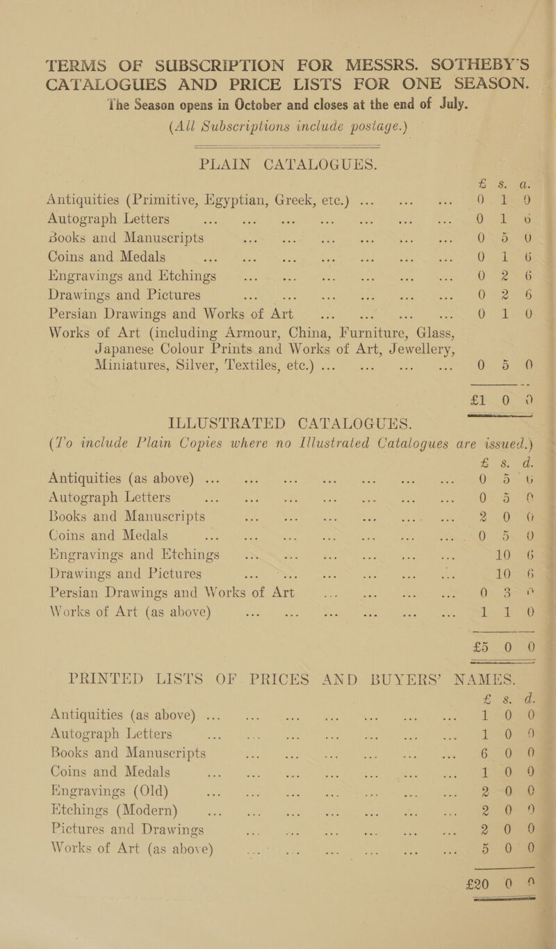 TERMS OF SUBSCRIPTION FOR MESSRS. SOTHEBY'S CATALOGUES AND PRICE LISTS FOR ONE SEASON. The Season opens in October and closes at the end of July. (All Subscriptions include postage.)    PLAIN CATALOGUES. Antiquities (Primitive, Egyptian, Greek, etc.) ... Autograph Letters Ri ate books and Manuscripts Coins and Medals iingravings and Ktchings Drawings and Pictures Persian Drawings and Works of Act Works of Art (including Armour, China, Pansies senes Japanese Colour Prints and Works of Are ewellery, Miniatures, eilver, ‘Textiles. ete.) ~. 0 S.ojS S SS S55 EwwororrH®? Sr Qr =  ILLUSTRATED CATALOGUES. (lo include Plain Copies where no Illustrated Catalogues are issued.)  Eee Antiquities (as above) ... 0: Autograph Letters 38 Books and Manuscripts 2. 0 Coins and Medals Suc Ektm \leawe a seeast nc dae a) eer Enmore vines amd Utehinge i) os es) oe ee) ee es 10. 6 Drawings and Pictures re Tey Sila? tee ite Genin were 10°36 Persian Drawings and Works of ne .. ik oa eee Works of Art (as above) bie. pleat Sta eee. 2! See yee tee rr £5208 PRINTED LISTS OF: PRICES AND, BUYERS’ NAMES: £ Se Antiquities (as above) ... BR pe Autograph Letters L028 Books and Manuscripts 6. 02a Coins and Medals 1.08 Kngravings (Old) 2 “Oe HKtchings (Modern) 2. 0 Pictures and Drawings 2 08 Works of Art (as above) 5 0