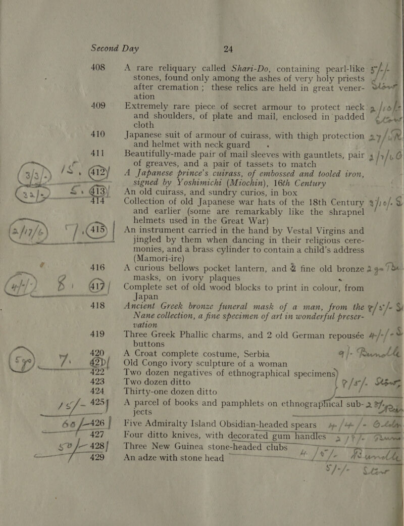 408 &amp; : 13) ae , p Gj) 7.@| Aid ti, COR ; ‘ys 5 ; ) Bi Ay, <aitt [as macurews as 418 | 419 Per 420 = © } \ y) 7 4 9] Ma Ai) 423 424 J of ~ 425) 6a /-426 | Ba OKA th BOY, —v J 428} SNE ee 24 A rare reliquary called Has: Do, containing pearl- ieee stones, found only among the ashes of very holy priests after cremation ; these relics are held in great vener- ation y Extremely rare piece of secret armour to protect neck: , rT Bh and shoulders, of plate and mail, enclosed in padded b ee cloth | Japanese suit of armour of cuirass, with thigh protection » 2.7/ LR and helmet with neck guard , Beautifully-made pair of mail sleeves with gauntlets, pair a) vf G  of greaves, and a pair of tassets to match A Japanese prince’s cuirass, of embossed and tooled iron, signed by Yoshimicht (Miochin), 16th Century An old cuirass, and sundry curios, in box Collection of old Japanese war hats of the 18th Century and earlier (some are remarkably like the shrapnel helmets used in the Great War) An instrument carried in the hand by Vestal Virgins and jingled by them when dancing in their religious cere- monies, and a brass cylinder to contain a child’s address (Mamori- -ire) A curious bellows pocket lantern, and @ fine old bronze 2 gen) be masks, on ivory plaques Complete set of old wood blocks to print in cohen from Japan Ancient Greek bronze funeral mask of a man, from the 2/ s/= ys Nane collection, a fine specimen of art in wonderful preser- vation 1.§ Three Greek Phallic charms, and 2 old German repousée 4-/-/ buttons il A Croat complete costume, Serbia Runth Old Congo ivory sculpture of a woman Two dozen negatives of ethnographical s were Two dozen ditto ‘i ? / £/- Kiwy, Thirty-one dozen ditto A parcel of books and pamphlets on ehnograpteal esis Tyo jects Eee Five Admiralty Island Obsidian-headed shen dpe | opm Four ditto knives, with decorated g gum handles ~ eee | 2 / t7- /- ie | Three New Guinea stone- headed Pees An adze with stone head ~~ } q}- 7  — -/-— co 