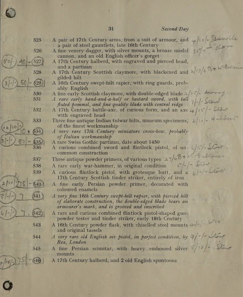   Ge} eh, % @ 3°) ) @o|~ 35) 536 537 538 539 mond Ghelde|- 640) = om @]-/-) 7. 641) Aan inn ba vee 6 /-/ 1. 64) &amp;} } |. 642)) 543 544 545 . “SS Oh 31 Second Day A pair of 17th Century arms, from a suit of armour, and a pair of steel gauntlets, late 16th Century A fine venery dagger, with silver mounts, a bronze model cannon, and an old English officer’s gorget A 17th Century halberd, with engraved and pierced head, and a partizan gilded hilt A 16th Century swept-hilt rapier, with ring guards, prob- ably English A rare early hand-and-a-half or bastard sword, with tall fiuted pommel, and fine quality blade with central ridge A 17th Century battle-axe, of curious form, and an axe with engraved head Three fine antique Indian tulwar hilts, museum specimens, of the finest workmanship A very rare 17th Century miniature cross-bow, probably of Italian workmanship A rare Swiss Gothic partizan, date about 1450 A curious combined sword and flintlock pistol, common construction Three antique powder primers, of various types 2 A rare early war-hammer, in original condition A curious flintlock pistol, with grotesque butt, and a 17th Century Scottish tinder striker, entirely of iron A fine early Persian powder primer, decorated with coloured enamels A very fine 16th Century swept-lult rapier, with prerced halt of elaborate construction, the double-edged blade bears an armourer’s mark, and 1s grooved and inscribed A rare and curious combined flintlock pistol-shaped gun- powder tester and tinder striker, early 18th Century oe 4 a and original tassels A very rare old English air pistol, in perfect condition, by Rea, London A fine Persian scimitar, mounts with heavy embossed silver