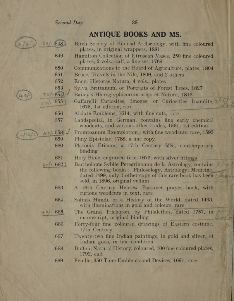 ANTIQUE BOOKS AND MS. Birch Society of Biblical Archeology, with fine coloured plates, in original wrappers, 1881 Hamilton Collection of Etruscan .Vases, 250 fine coloured plates, 2 vols., calf, a fine set, 1769 Communications to the Board of Agriculture, plates, 1804 Bruce, Travels in the Nile, 1809, and 2 others Ency. Historae Natura, 4 vols., plates Sylva Brittanum, or Portraits of Forest Trees, 1827 Bailey's Hieroglyphicorum origo et Natura, 1816 OURS Gaffarelli Curiosites, Imoges, or Curiosities Inaudite, ‘ afd 1676, 1st edition, rare pa E aa natin &gt;a}  Alciate Emblems, 1614, with fine cuts, rare Landspecial, in German, contains fine early chemical woodcuts, and various other trades, 1561, Ist edition Pliny Epistolae, 1788, a fine copy Platonis Eticum, a 17th Century MS., contemporary binding : Holy Bible, engraved title, 1672, with silver fittings &lt;0 Se Bartholome Sybile Peregrinanim de la Astrology, contains ¢/*e 7 the following books: Philosology, Astrology, Medicine, --- dated 1499, only 1 other copy of this rare book has been wet. 4 sold, in 1896, original vellum. $e A 16th Century Hebrew Passover prayer heal eins curious woodcuts in text, rare Solinis Mundi, or a History of the World, dated 1498, with illuminations in gold and colours, rare The Grand Trichoron, by Philalethes, dated “1757, in 7, in a /eih manuscript, original binding Sgn Forty-four fine coloured drawings of Eastern costume,   E 17th Century cd Twenty-two fine Indian paintings, in gold and silver, of Indian gods, in fine condition Ky Buffon, Natural History, coloured, 100 fine coloured plates, a 1792, calf f i Feuille, 350 Time Emblems and Devises, 1691, rare