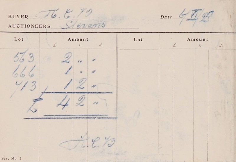 a Amount da.    Lot     e Amount AUCTIONEERS _.| Lot BUYER (Ss ad.    Sty. Mu. 3