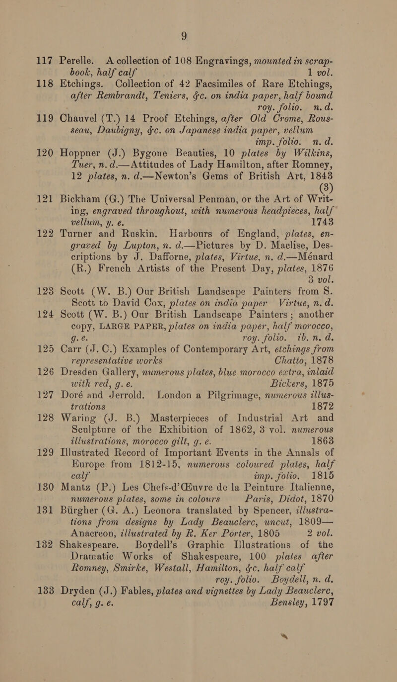 118 119 120 121 122 133 9 book, half calf 1 vol. Etchings. Collection of 42 Facsimiles of Rare Etchings, after Rembrandt, Teniers, §c. on india paper, half bound roy. folio. n.d. Chanvel (T.) 14 Proof Etchings, after Old Crome, Rous- seau, Daubigny, gc. on Japanese india paper, vellum imp. folio. n.d. Hoppner (J.) Bygone Beauties, 10 plates by Wilkins, Tuer, n. d.— Attitudes of Lady Hamilton, after Romney, 12 plates, n. d.—Newton’s Gems of British Art, 1843 3) Bickham (G.) The Universal Penman, or the Art of wait ing, engraved throughout, with numerous headpieces, half vellum, y. é 1743 Turner and Ruskin. Harbours of England, plates, en- graved by Lupton, n. d.—Pictures by D. Maclise, Des- criptions by J. Dafforne, plates, Virtue, n. d.—Ménard (R.) French Artists of the Present Day, plates, 1876 3 vol. Scott (W. B.) Our British Landscape Painters from 8. Scott to David Cox, plates on india paper Virtue, n.d. Scott (W. B.) Our British Landscape Painters ; another Me LARGE PAPER, plates on india paper, half morocco, roy. folio. ib. n.d. oa (J. C.) Examples of Contemporary Art, etchings from representative works Chatto, 1878 Dresden Gallery, numerous plates, blue morocco extra, ‘inlaid with red, g. é. Bickers, 1875 Doré and Jerrold. London a Pilgrimage, numerous illus- trations 1872 Waring (J. B.) Masterpieces of Industrial Art and Sculpture of the Exhibition of 1862, 3 vol. numerous illustrations, morocco gilt, g. e. 1863 Illustrated Record of Important Events in the Annals of Europe from 1812-15, numerous coloured plates, half calf imp. folto. 1815 Mantz (P.) Les Chefs-d’Ciuvre de la Peinture Italienne, numerous plates, some in colours Paris, Didot, 1870 Birgher (G. A.) Leonora translated by Spencer, ilustra- tions from designs by Lady Beauclerc, uncut, 1809— Anacreon, illustrated by Rk. Ker Porter, 1805 2 vol. Shakespeare. Boydell’s Graphic Illustrations of the Dramatic Works of Shakespeare, 100 plates after Romney, Smirke, Westall, Hamilton, ¢c. half calf roy. folio. Boydell, n. d. Dryden (J.) Fables, plates and vignettes by Lady Beauclerc, calf, g. é. Bensley, 1797