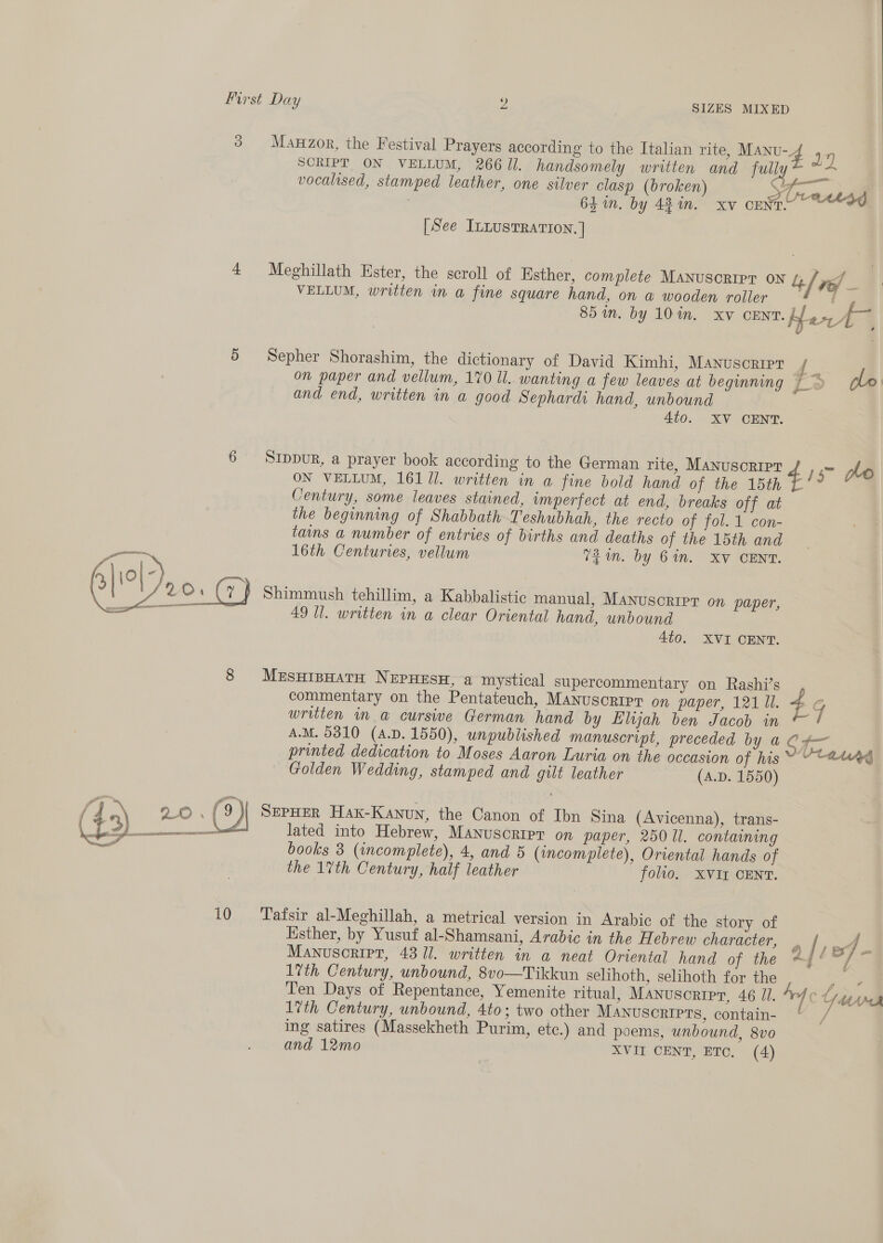 3 Manzor, the Festival Prayers according to the Italian rite, NU 47 SCRIPT ON VELLUM, 266 ll. handsomely written and fully iss vocalised, stamped leather, one silver clasp (broken) A ey | : 64in. by 431m. xv CENT.“ wad [See ILLUSTRATION. ] 4 Meghillath Ester, the scroll of Esther, complete Manuscript oN 4 / Yo) — VELLUM, written in a fine square hand, on a wooden roller | i 85 in. by 10 in. xv CENT. Harv Ao 5 Sepher Shorashim, the dictionary of David Kimhi, Manuscript ; on paper and vellum, 170 ll. wanting a few leaves at beginning | 9 glo and end, written in a good Sephardi hand, unbound | 4to. XV CENT. 6 SIDpDuR, a prayer book according to the German rite, Manuscript ¢ i plo ON VELLUM, 161 Ul. written in a fine bold hand of the 15th £ Century, some leaves stained, imperfect at end, breaks off at the beginning of Shabbath Teshubhah, the recto of fol. 1 con- tains a number of entries of births and deaths of the 15th and 16th Centuries, vellum 72 in. by 6 in. XV CENT.  7 $ Shimmush tehillim, a Kabbalistic manual, Manuscript on paper, 49 ll. written in a clear Oriental hand, unbound 4to. XVI CENT. 8 MesHisHatH Nepuesn, a mystical supercommentary on Rashi’s commentary on the Pentateuch, Manuscript on paper, 1211. — y written im @ cursive German hand by Elijah ben Jacob in A.M. 53810 (A.D. 1550), unpublished manuscript, preceded by a C¢— printed dedication to Moses Aaron Luria on the occasion of his © Vtatrg Golden Wedding, stamped and gilt leather (A.D. 1550) SEPHER Haxk-Kanun, the Canon of Ibn Sina (Avicenna), trans- lated into Hebrew, Manuscrirr on paper, 250 ll. containing books 3 (incomplete), 4, and 5 (incomplete), Oriental hands of the 17th Century, half leather folio. XVI_ CENT.  10 ‘Tafsir al-Meghillah, a metrical version in Arabic of the story of Esther, by Yusuf al-Shamsani, Arabic in the Hebrew character, » bie ,3 Manuscript, 43 1. written in a neat Oriental hand of the mgr T= 1vth Century, unbound, 8vo—Tikkun selihoth, selihoth for the ks Ten Days of Repentance, Yemenite ritual, Manuscript, 46 Ul. 4c Cyr 1%th Century, unbound, 4to; two other Manuscripts, contain- © / ing satires (Massekheth Purim, etc.) and poems, unbound, 8vo and 12mo XVII CENT, ETO, (4)