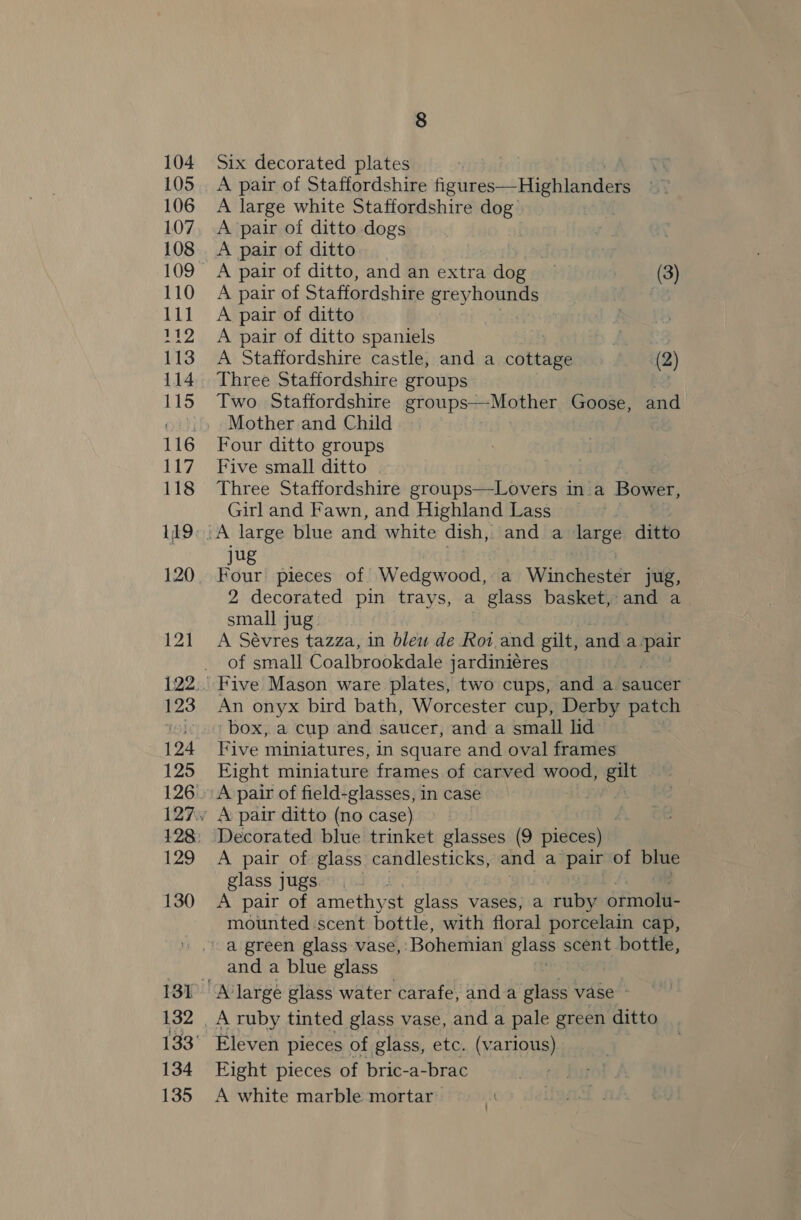Six decorated plates A pair of Staffordshire figures Highlanders A large white Staffordshire dog A pair of ditto dogs A pair of ditto A pair of ditto, and an extra dog b 6. (8) A pair of Staffordshire greyhounds , A pair of ditto A pair of ditto spaniels d ; A Staffordshire castle, and a Bre (2) Three Staffordshire groups Two. Staffordshire groups—Mother Goose, and Mother and Child — Four ditto groups Five small ditto | Three Staffordshire groups—Lovers in.a Bower, Girl and Fawn, and Highland Lass _ jug Four pieces of Wedgwood, a Wihaltestd jug, 2 decorated pin trays, a glass basket, and a small jug A Sévres tazza, in blew de Rot.and gilt, and a. ae of small Coalbrookdale jardiniéres An onyx bird bath, Worcester cup, Derby patch box, a cup and saucer, and a small lid” Five miniatures, in square and oval frames Eight miniature frames of carved wood, ay A pair of field-glasses, in case A pair of glass candlesticks, and a par of blue glass jugs A pair of amethy ‘st glass vases, a ruby Simo mounted scent bottle, with floral porcelain cap, and a blue glass Eight pieces of bric-a- -brac A white marble mortar.