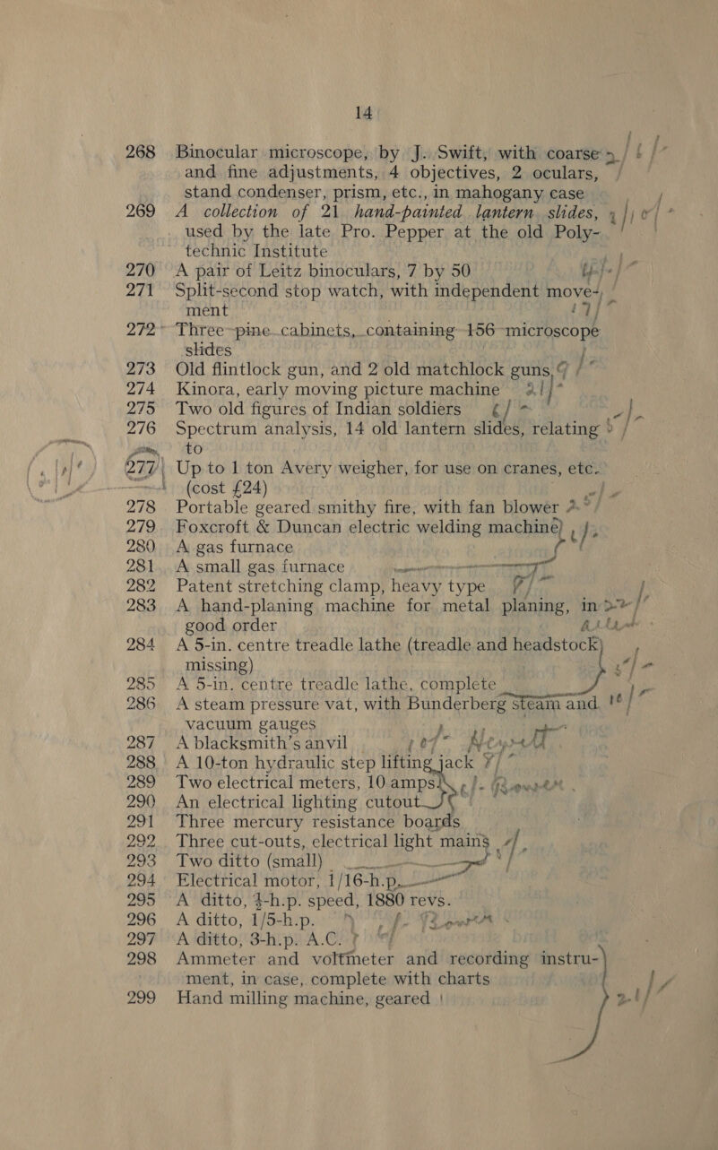 268 and fine adjustments, 4 objectives, 2 oculars, stand condenser, prism, etc., in mahogany case A collection of 21 hand-painted lantern. slides, technic Institute A pair of Leitz binoculars, 7 by 50 Split-second stop watch, with independent move-, ment {7} slides } Old flintlock gun, and 2 old matchlock guns, 9 / © Kinora, early moving picture machine 4! / : Two old figures of Indian soldiers £¢/ * ss a analysis, 14 old lantern slides, relating ! to (cost £24) Me: Portable geared smithy fire, with fan blower 4. ~ Foxcroft &amp; Duncan electric welding machine) Ae j: A gas furnace A small gas furnace aremmae” Sit Patent stretching clamp, Hae Hs a se ~*~ ae Ii tv / 3 missing) A 5-in. centre treadle lathe, complete 4h vacuum gauges f A blacksmith’s anvil | ¢.¢7 Wt an Ne t A 10-ton hydraulic step lifting jack 7] Two electrical meters, 10 amps! yp ewatt . An electrical lighting cutow: Bi ae Two Geto ee A saruey i ee, Electrical motor, 1/16- h. Dp. i A ditto, $-h.p. speed, 1880 1 revs. A ditto, 1/5-h.p. fe FS pwr * A ‘ditto, 3-hip) A.C. t Ammeter and nee et and recording instru- ment, in case, complete with charts Hand milling machine, geared | 3. l }
