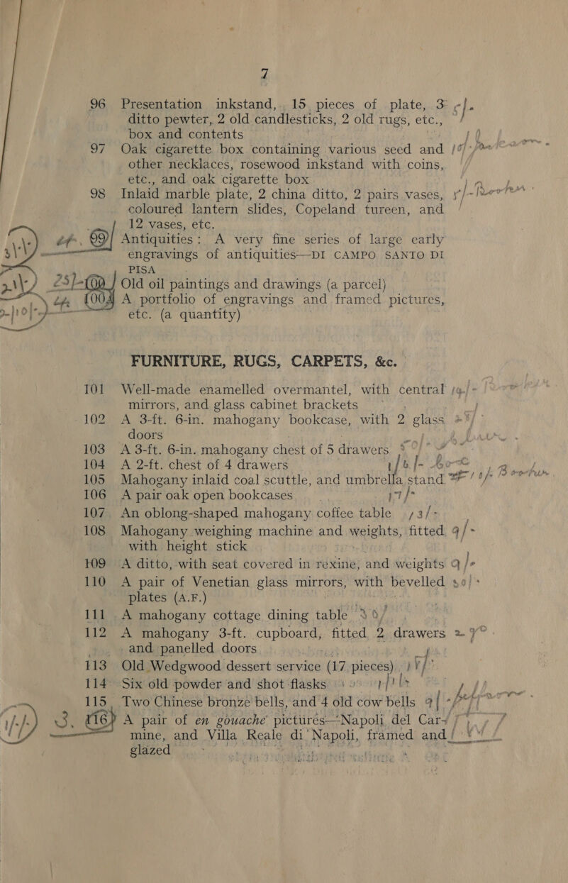 96 Presentation inkstand,. 15 pieces of plate, 3° - y : ditto pewter, 2 old candlesticks, 2 old rugs, etc., box and contents it 97 Oak cigarette box containing various seed nd ] Of - Powe other necklaces, rosewood inkstand with coins, etc., and oak cigarette box coloured lantern slides, Copeland tureen, and . 12 vases, etc. \-\ '” a 69) Antiquities : A very fine series of large early 4\ | reno engravings of antiquities—DI CAMPO SANTO DI . PISA | av ay Old oil paintings and drawings (a parcel) ty 0 A portfolio of engravings and framed pictures, on Wah 1b mh i etc. (a quantity) a FURNITURE, RUGS, CARPETS, &amp;c. 101 Well-made enamelled overmantel, with central /¢ mirrors, and glass cabinet brackets eA. Str: rare mahogany bookcase, with 2 glass ay doors | 103 A 3-ft. 6-in. mahogany chest of 5 dtawers &amp; i 104 A 2-ft. chest of 4 drawers i/o Wi bo 106 A pairoak open bookcases — . i be 107. An oblong-shaped mahogany coffee table 3/- 108 Mahogany weighing machine and weiehts, fitted, a /- with height stick 109 A ditto, with seat covered in rexine, and weights Q/+ 110 A pair of Venetian glass mirrors, with raven $0} plates (A-.F.) 111 A mahogany cottage dining table “ vA | 112 A mahogany 3-ft. CBRE: fitted 2. drawers &gt; Y° _and panelled doors 113 Old Wedgwood dessert service (7 pieces) )¥ 730 114° Six’ old powder ‘and ‘shot flasks? i4 3 yp l' f fi 115, Two Chinese bronze bells, and 4 old cow bells a [+ Fi 3. a A pair of en gouache picturés Napoli, del Cary / i mine, and Villa Reale di NARg framed and Be glazed ali ea tee ae trey 