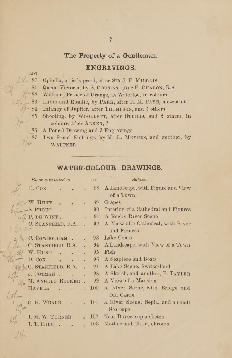 The Property of a Gentleman. ENGRAVINGS. 80 Ophelia, artist’s proof, after Sir J. HE. MILLAIS Sl Queen Victoria, by S. COUSINS, after EH. CHALON, R.A. 85 Shooting. by WOOLLETT, after STUBBS, and 2 others, in colours, after ALKEN, 3 86 A Pencil Drawing and 3 Engravings : NO . os  WATER-COLOUR DRAWINGS. By or attributed to LOT Subject. D. Cox ; é . 88 A Landscape, with Figure and View of a Town Lele W. HUNT . ‘ . 82 Grapes b, fo. PROUT. : . 90 Interior of a Cathedral and Figures i. P. DE WINT. : . 91 A Rocky River Scene C, STANFIELD, R.A. . 92 A View of a Cathedral, with River oe and Figures 2 f4sC. ROWBOTHAM . . 93 Lake Como G 4ys-C. STANFIELD, R.A. . 94 A Landscape, with View of a Town may Wo HUNT 4° 27° » 99. Fish Of, eee COME. ag . 96 <A Seapiece and Boats (yo &amp;cC. STANFIELD, R. x . 97 <A Lake Scene, Switzerland 9 ops J.COTMAN . 3 . 98 A Sketch, and another, F. TAYLER “| _M. ANGELO RookER . 99 A View of a Mansion - HAVELL : . 100 A River Scene, with Bridge and eg ye Old Castle ; C. H. WEALE : . 1O1 A River Scene, Sepia, and a small ae Seascape 4 ' J. M. W. TURNER » 102 Near Dover, sepia sketch