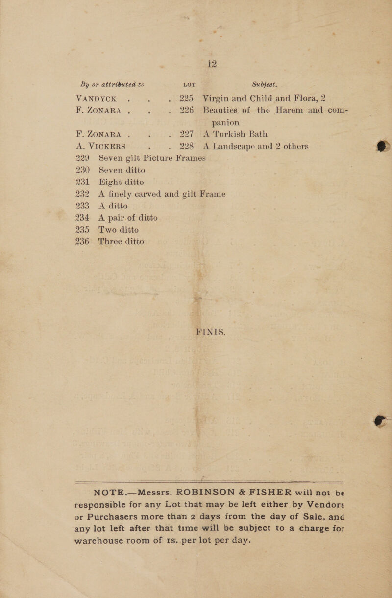 VANDYCK . : . 225 Virgin and Child and fem 2 F. ZONARA . 5 . 226 Beauties of the Harem and com- panion F. ZONARA . ‘ . 227 A Turkish Bath A. VICKERS , 228 A Landscape and 2 others  229 Seven gilt Piotune Frames 230 Seven ditto 231 Hight ditto 232 A finely carved and gilt Frame 233 <A ditto 234 <A pair.of ditto 230 Two ditto 236 Three ditto FINIS.    NOTE.— Messrs. ROBINSON &amp; FISHER will not be responsible for any Lot that may be left either by Vendors or Purchasers more than 2 days trom the day of Sale, and any lot left after that time will be subject to a charge for warehouse room of 1s. per lot per day.