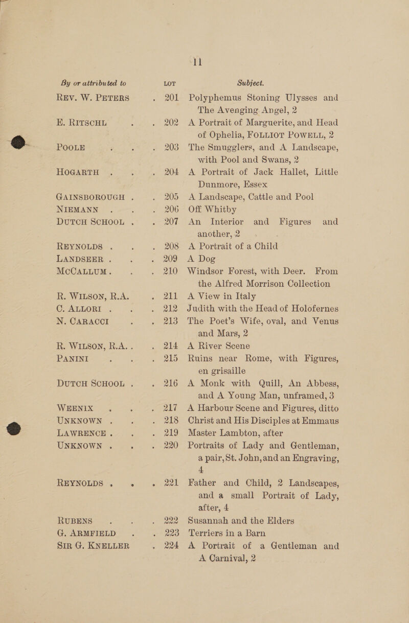 REv. W. PETERS EK. RITSCHL POOLE HOGARTH NIEMANN REYNOLDS . LANDSEER . McCALLUM. R. WILSON, R.A. C, ALLORI N. CARACCI PANINI WEENIX UNKNOWN LAWRENCE . UNKNOWN . REYNOLDS . RUBENS G. ARMFIELD Sir G. KNELLER 221 222 228 224 11 Polyphemus Stoning Ulysses and The Avenging Angel, 2 A Portrait of Marguerite, and Head of Ophelia, FOLLIOT POWELL, 2 The Smugglers, and A Landscape, with Pool and Swans, 2 A Portrait of Jack Hallet, Little Dunmore, Essex A Landscape, Cattle and Pool Off Whitby An _ Interior another, 2 A Portrait of a Child A Dog Windsor Forest, with Deer. From the Alfred Morrison Collection A View in Italy Judith with the Head of Holofernes The Poet’s Wife, oval, and Venus and Mars, 2 A River Scene Ruins near Rome, with Figures, en grisaille A Monk with Quill, An Abbess, and A Young Man, unframed, 3 A Harbour Scene and Figures, ditto Christ and His Disciples at Emmaus Master Lambton, after Portraits of Lady and Gentleman, a pair, St. John,and an Engraving, 4. Father and Child, 2 Landscapes, and a small Portrait of Lady, Susannah and the Elders Terriers in a Barn A Portrait of a Gentleman and A Carnival, 2 and Figures and