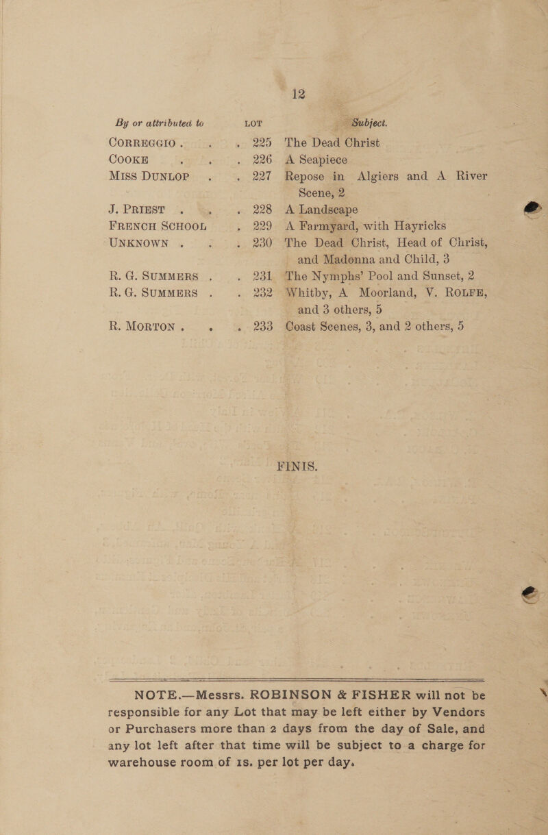 CORREGGIO . COOKE MISS DUNLOP J. PRIEST FRENCH SCHOOL UNKNOWN R. G. SUMMERS Rk. G. SUMMERS 229 220 227 228 229 230 231 232 The Dead Christ A Seapiece Repose in Algiers and A River Scene, 2 A Landscape A Farmyard, with Hayricks The Dead Christ, Head of Christ, - and Madonna and Child, 3 | Whitby, A Moorland, V. RoLFE, and 3 others, 5 
