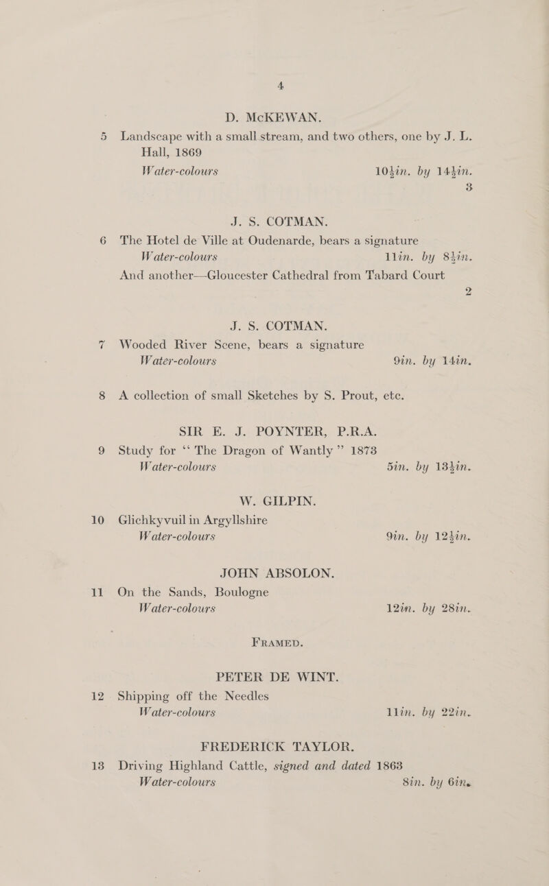 =e 10 li 12 13 D. McKEWAN. Landscape with a small stream, and two others, one by J. L. Hall, 1869 Water-colours 103an. by 144%n. 3 J. ».. COTMAN. The Hotel de Ville at Oudenarde, bears a signature W ater-colours llin. by 8431n. And another-—-Gloucester Cathedral from Tabard Court 2 J. S. COTMAN. Wooded River Scene, bears a signature W ater-colours Gin. by 14in. A collection of small Sketches by S. Prout, ete. SIR E. J. POYNTER, P.R.A. Study for ‘‘ The Dragon of Wantly ” 1873 W ater-colours Sin. by 134i. W. GILPIN. Glichkyvuil in ArgyHshire W ater-colours 9in. by 12450n. JOHN ABSOLON, On the Sands, Boulogne W ater-colours 12in. by 281n. FRAMED. PETER DE WINT. Shipping off the Needles W ater-colours llin. by 22tn. FREDERICK TAYLOR. Driving Highland Cattle, signed and dated 1863 W ater-colours 8in. by 6ine