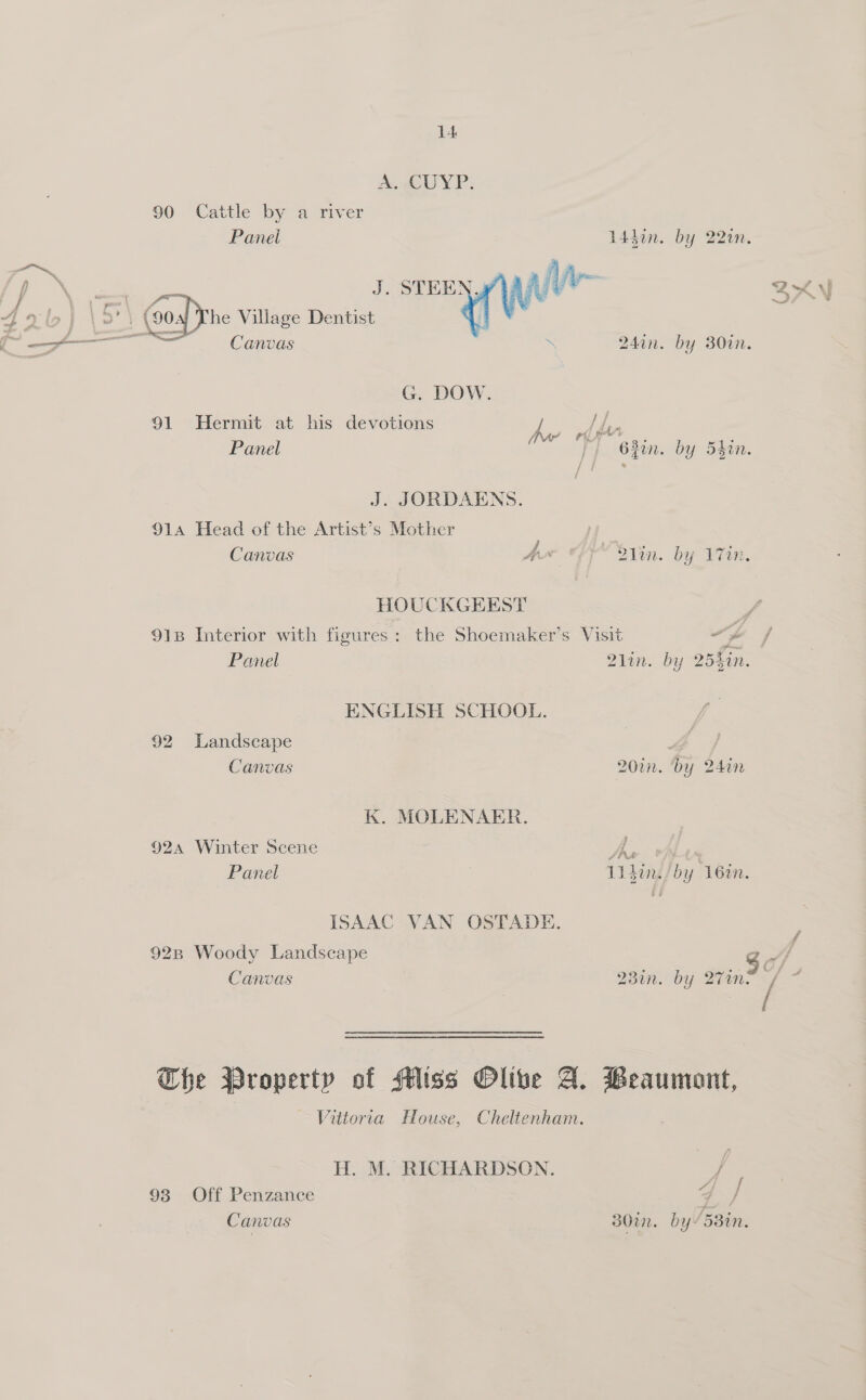 A wCUYP: 90 Cattle by a river  Canvas \ 24in G. DOW. 91 Hermit at his devotions a ites Panel ne J] 63in J. JORDAENS. 914 Head of the Artist’s Mother Canvas Aw YX Sorin HOUCKGEEST 9138 Interior with figures: the Shoemaker’s Visit ENGLISH SCHOOL. 92 Landscape K. MOLENAER. 92a Winter Scene ISAAC VAN OSTADE. 928 Woody Landscape Vittoria flouse, Cheltenham. H. M. RICHARDSON. 98 Off Penzance