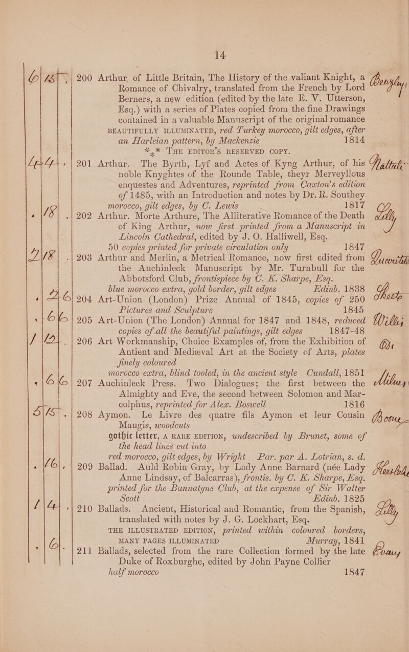 207 208 | 209 210 211  14 Arthur, of Little Britain, The History of the valiant Knight, a Romance of Chivalry, translated from the French by Lord ge Ct a new edition (edited by the late E. V. Utterson, Esq.) with a series of Plates copied from the fine Drawings contained in a valuable Manuscript of the original romance BEAUTIFULLY ILLUMINATED, red Turkey morocco, gilt edges, after an. Harleian pattern, by Mackenzie *,.* THE EDITOR'S RESERVED COPY. enquestes and Adventures, reprinted from Caxton’s edition of 1485, with an Introduction and notes by Dr. R. Southey morocco, gilt edges, by C. Lewis Arthur. Morte Arthure, The Alliterative Romance of the Death of King Arthur, now first printed from a Manuscript in Lincoln Cathedral, edited by J. O. Halliwell, Esq. 50 coptes printed for private circulation only 1847 Arthur and Merlin, a Metrical Romance, now frst edited from the Auchinleck Manuscript by Mr. Turnbull for the Abbotsford Club, frontispiece by C. K. Sharpe, Esq. blue morocco extra, gold border, gilt edges Edinb. 1888 Art-Union (London) Prize Annual of 1845, copies of 250 Pictures and Sculpture 1845 Art-Union (The London) Annual for 1847 and 1848, reduced copies of all the beautiful paintings, gilt edges 1847-48 Art Workmanship, Choice Examples of, from the Exhibition of Antient and Medieval Art at the Society of Arts, plates jinely coloured morocco extra, blind tooled, in the ancient style Cundall, 1851 Auchinleck Press. Two Dialogues; the first between the Almighty and Eve, the second between Solomon and Mar- colphus, reprinted for Alex. Boswell 1816 Aymon. Le Livre des quatre fils Aymon et leur Cousin Maugis, woodcuts gothic letter, A RARE EDITION, undescribed by Brunet, some of the head lines cut into red morocco, gilt edges, by Wright Par. par A. Lotrian, s. d. Ballad. Auld Robin Gray, by Lady Anne Barnard (née Lady Anne Lindsay, of Balcarras), frontis. by C. K. Sharpe, Esq. printed for the Bannatyne Club, at the expense of Sir Walter Scott Edinb. 1825 Ballads. Ancient, Historical and Romantic, from the Spanish, translated with notes by J. G. Lockhart, Esq. THE ILLUSTRATED EDITION, printed within coloured borders, MANY PAGES ILLUMINATED Murray, 1841 Ballads, selected from the rare Collection formed by the late Duke of Roxburghe, edited by John Payne Collier half morocco 1847 Borla - Lrecorith Wilh; Br Boome Holi Feay