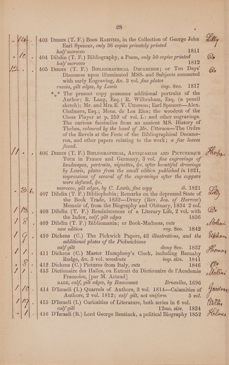 ” e 403 28 . Drevin (T. F.) Boox Raririzs, in the Collection of George John Earl Spencer, only 36 copies privately printed half morocco 1811 405 half morocco Dispin (T. F.) BretiocrapuicaL Drcameron; or Ten Days’ Discourse upon illuminated MSS. and Subjects connected with early Engraving, &amp;c. 3 vol. jine plates russia, gilt edges, by Lewis imp. 8vo. 1817 *.* The present copy possesses additional portraits of the Author; R. Lang, Esq.; R. Wilbraham, Esq. (a pencil sketch); Mr. and Mrs.E. V. Utterson; Earl Spencer—Alex. Chalmers, Esq.; Mons. de Los Rios; the woodcut of the Chess Player at p. 259 of vol. I.:and other engravings. The curious facsimiles from an ancient MS. History of. Thebes, coloured by the hand of Mr. Utterson—The Ordre of the Revels at the Feste of the Bibliographical Decame- ron, and other papers relating to the work; a few leaves foxed. Dispin (T. F.) BrsrioGRaPHicaL, ANTIQUARIAN AND PICTURESQUE Tour in France and Germany, 3 vol. fine engravings of landscapes, portraits, vignettes, ge. after beautiful drawings by Lewis, plates from the small edition published in 1821, impressions of several of the engravings after the coppers were defaced, se. morocco, gilt edges, by C. Lewis, fine copy wb. 1821 Dibdin (T. F.) Bibliophobia; Remarks on the depressed State of the Book Trade, 1832—Drury (Rev. Jos. of Harrow) Memoir of, from the Biography and Obituary, 1834 2 vol. Dibdin (T. F.) Reminiscences of a Literary Life, 2 vol. with the Index, calf, gilt edges 1836 Dibdin (T. ¥.) Bibliomania; or Book-Madness, cuts new edition roy. 8vo. 1842 Dickens (C.) The Pickwick Papers, 48 zllustrations, and the additional plates of the Pickwickians calf gilt demy 8vo. 18387 Dickens (C.) Master Humphrey’s Clock, including Barnaby Rudge, &amp;e. 3 vol. woodcuts imp. size. 1841 Dickens (C.) Pictures from Italy, cuts 1846 Dictionaire des Halles, ou Extrait du Dictionaire de l’Academie Francoise, [par M. Artaud | RARE, Calf, gilt edges, by Bauzonnet Bruxelles, 1696 D'Israeli (1.) Quarrels of Authors, 3 vol. 1814—-Calamities of Authors, 2 vol. 1812; calf gilt, not uniform 5 vol. D'Israeli (1.) Curiosities of Literature, both series in 6 vol. calf gilt 12mo. size. 18384 D'Israeli (B.) Lord George Bentinck, a political Biography 1852 > &amp; Qo