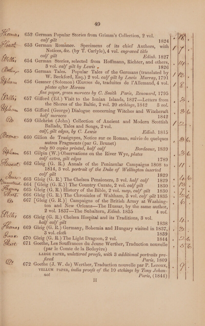 652 654 655 656 657 658 49 German Popular Stories from Grimm’s Collection, 2 vol. German Romance. Specimens of its chief Authors, with Notices, &amp;c. (by T. Carlyle), 4 vol. engraved title calf gilt Edinb. 1827 German Stories, selected from Hoffmann, Richter, and others, 3 vol. calf gilt by Lewis « 1826 German Tales. Popular Tales of the Germans (translated by W. Beckford, Esq.) 2 vol. calf gilt by Lewis Murray, 1791 Gessner (Solomon) CEuvres de, traduites de l’Allemand, 4 vol. plates after Moreau Jine paper, green morocco by C. Smith Paris, Renouard, 1795 Gifford (Ed.) Visit to the Ionian Islands, 1827—Letters from the Shores of the Baltic, 2 vol. 20 etchings, 1842 53 vol. Gifford (George) Dialogue concerning Witches and Witchcraft half morocco 1842 Gilchrist (John) Collection of Ancient and Modern Scottish Ballads, Tales and Songs, 2 vol. calf, gilt edges, by C. Lewis Lidinb. 1815 Gilion de Trasignyes, Notice sur ce Roman, suivie de quelques autres Fragments (par G. Brunet) only 80 copies printed, half calf Bordeaux, 1839 Gilpin (W.) Observations on the River Wye, plates calf extra, gilt edges 1789 Gleig (G. R.) Annals of the Peninsular Campaigns 1808 to 1814, 3 vol. portrait of the Duke of Wellington inserted calf gilt 1829 Gleig (G. R.) The Chelsea Pensioners, 8 vol. half calf 1829 [Gleig (G. R.)| The Country Curate, 2 vol. calf gilt 1830 Gleig (G. R.) History of the Bible, 2 vol. map, calf gilt 1830 [Gleig (G. R.)] Campaigns of the British Army at Washing- ton and New Orleans—The Hussar, by the same author, 2 vol. 1887—The Subaltern, Hdinb. 1835 4 vol. Gleig (G. R.) Chelsea Hospital and its Traditions, 3 vol. half calf gilt 1838 Gleig (G. R.) Germany, Bohemia and Hungary visited in 1837, 3 vol. cloth 1839 Gleig (G. R.) The Light Dragoon, 2 vol. 1844 Goethe, Les Souffrances du Jeune Werther, Traduction nouvelle (par le Comte de la Bedoyére) LARGE PAPER, wnlettered proofs, with 3 additional portraits pre- fixed Paris, 1809 Goethe (J. W. de) Werther, Traduction nouvelle par P. Leroux,   not Paris, (1844) H a 