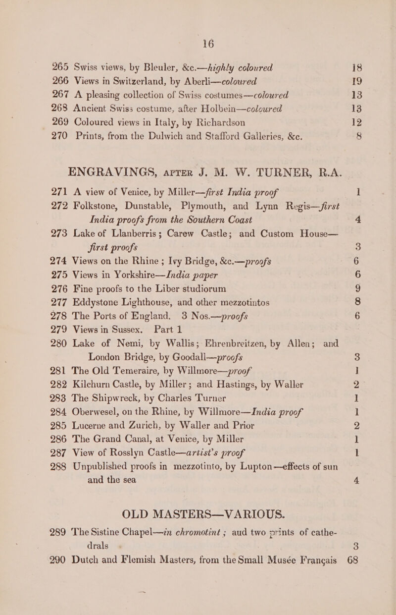 265 Swiss views, by Bleuler, &amp;e.—highly coloured 266 Views in Switzerland, by Aberli—coloured 267 A pleasing collection of Swiss costumes—coloured 268 Ancient Swiss costume, after Holbein—coloured 269 Coloured views in Italy, by Richardson 270 Prints, from the Dulwich and Stafford Galleries, &amp;c. 271 A view of Venice, by Miller—first India proof 272 Folkstone, Dunstable, Plymouth, and Lynn Regis—first India proofs from the Southern Coast 273 Lake of Llanberris; Carew Castle; and Custom House— jirst proofs 274 Views on the Rhine ; Ivy Bridge, &amp;c.—proofs 275 Views in Yorkshire—India paper 276 Fine proofs to the Liber studiorum 277 Eddystone Lighthouse, and other mezzotintos 278 The Ports of England. 3 Nos.—proofs 279 Views in Sussex. Part 1 280 Lake of Nemi, by Wallis; Ehrenbreitzen, by Allen; and London Bridge, by Goodall—proofs 281 The Old Temeraire, hy Willmore—proof 282 Kilchurn Castle, by Miller; and Hastings, by Waller 283 The Shipwreck, by Charles Turner 284 Oberwesel, on the Rhine, by Willmore—India proof 285 Lucerne and Zurich, by Waller and Prior 286 The Grand Canal, at Venice, by Miller 287 View of Rosslyn Castle—artist’s proof 288 Unpublished proofs in mezzotinto, by Lupton—effects of sun and the sea OLD MASTERS—VARIOUS. 289 The Sistine Chapel—zn chromotint ; aud two prints of cathe- drals 290 Dutch and Flemish Masters, from the Small Musée Francais BS CO G S&amp; oo ee DD ee oe 68