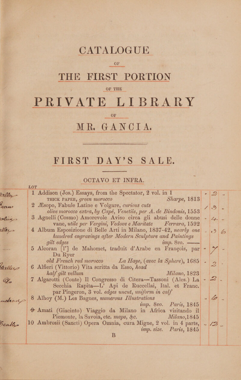 CATALOGUE or THE FIRST PORTION _OF THE _ PRIVATE kd Dubie OF MR GANCIA   FIRST DAY’S SALE. OCTAVO ET INFRA. olive morocco extra, by Capé, Venetiis, per A.de Bindonis, 1553 bia _ 3 Agnelli (Cosmo) Amorevole Aviso circa gli abusi delle donne .~ 4A - vane, utile per Vergini, Vedove e Maritate Ferrara, 1592 4 Album Esposizione di Belle Arti in Milano, 1837-42, nearly one. 3 &amp; hundred engravings after Modern Sculpture and Paintings a ee OT ee een — ee bbl, 1 Addison (Jos.) Essays, from the Spectator, 2 vol. in 1 ASIA nei THICK PAPER, green morocco Sharpe, 1813, | - | 2 Msopo, Fabule Latine e Volgare, curious cuts flea be  i gilt edges imp. 8vo. a 5 Alcoran [I] de Mahomet, traduit d’Arabe en Francois, ai “ Las Du Ryer | ) | | old French red morocco La Haye, (avec la Sphere), aA 5 | Celio. 6 Alfieri (Vittorio) Vita scritta da Esso, head is half gilt vellum Milano, 1823. | . Q. 7 Algarotti (Conte) Il Congresso di Citera—Tassoni (Ales.) Oe Fe Secchia Rapita—L’ Api de Ruccellai, Ital. et Franc. ey par Pingeron, 3 vol. edges uncut, uniform in calf ) | y ges, 8 ey (M.) Les Bagnes, numerous ILllustrations ee : aa imp. 8vo. Paris, 1845) | } Amati (Giacinto) Viaggio da Milano in Africa visitando il Piemonte, la Savoia, etc. maps, &amp;c. Milano,1845, Beatt. 10 Ambrosii (Sancti) Opera Omnia, cura Migne, 2 vol. in 4 parts, « {7A imp. size. Paris, 1845. 