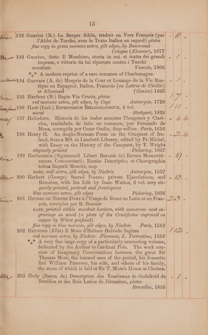 <a 13 a: 193 colertA 9A. 2.196 rey/ 197 , 198 202 l’Abbé de Torche, avec le Texte Italien en regard) plates fine copy in green morocco extra, gilt edges, by Bauzonnet Cologne (Elsevier), 1677 Guerino, detto Il Meschino, storia in cui si tratta dei grandi. imprese, e vittorie da lui riportate contra i Turchi - woodcuts Venezia, 1806) ** A modern reprint of a rare romance of Charlemagne. | he (A. de) Mespris de la Cour et Louange de la Vie Rus- tique en Espagnol, Italien, Francois (en Lettres de Civilité) et Allemand ( Geneve) see Haefteni (B.) Regia Via Crucis, plates red morocco extra, gilt edges, by Cape Antverpie, 1728 Hain (Lud.) Rerertorrum Brsiiocrapuicum, 4 vol. | uncut Stuttgart, 1826. Heliodoro, Historia de los leales amantes Theagenes y Clari-. clea, trasladada de latin en romance, por Fernando de Mena, corregida por Cesar Oudin, limp vellum. Paris, 1616. Henry II. An Anglo-Norman Poem on the Conquest of Ire-. land, from a MS. in Lambeth Library, ‘edited by Fr. Michel, with Essay on the History of the Conquest, by T. Wright elegantly printed Pickering, 1837. Herberstein (Sigismundi Liberi Baronis in) Rerum Moscoviti-. carum Commentarii; Russie Descriptio; et Chorographia totius Imperil Moscici, map RARE, calf extra, gilt edges, by Niedrée Antverpie, 1557. Herbert (George) Sacred Poems; private Ejaculations, aad Remains, with his Life by Isaac Walton, 2 vol. very ele gantly printed, portrait and frontispiece blue morocco extra, gilt edges Pickering, 1836 | t gois, corrigées par R. Benoist RARE, printed within. woodcut borders, with numerous neat en- gravings on wood (a plate of the Crucifixion engraved on copper by Wierx prefixed) : : jine copy in blue morocco, gilt edges, by Niedrée Paris, 1582) Hrywoop (Ellis) Il Moro d’Heliseo Heivodo Inglese red morocco extra, by Niedrée Fiorenza, L. Torrentino, 1556. pdt dy - 208 dedicated by the Author to Cardinal Pole. The work con- sists of Imaginary Conversations between the great Sir: Thomas More, the learned men of the period, his domestic’ fool William Paterson, his wife, and others of his family, the scene of which is laid at Sir T. More’s House at Chelsea. Hody (Baron de) Description des Tombeaux de Godefroid de Bouillon et des Rois Latins de Jérusalem, plates Bruxelles, 1855 Fan ences orton vragen nccenninpemenerinsecinall ;