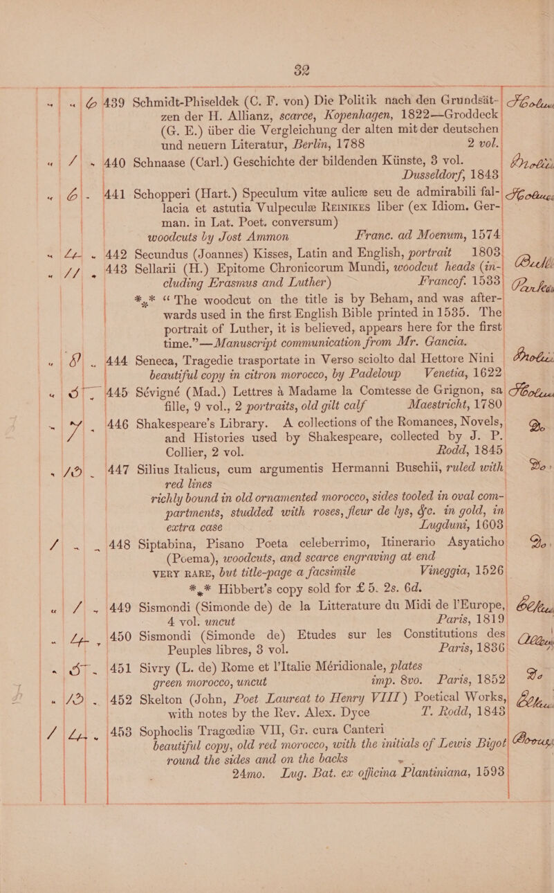 44 6 439 ‘Schmidt-Phiseldek (C. F. bn Die Politik pe den Grundsit- | Fol | zen der H. Allianz, scarce, Kopenhagen, 1822—Groddeck (G. E.) iiber die Vergleichung der alten mit der deutschen | | und neuern Literatur, Berlin, 1788 2 vol. « / «» 440 Schnaase (Carl.) Geschichte der bildenden Kimste, 3 vol. | 2 rltn | Dusseldorf, 1843) is b| : 441 Schopperi (Hart.) Speculum vite aulice seu de admirabili fal- Se obtuc ) lacia et astutia Vulpecule Remixes liber (ex Idiom. Ger- man. in Lat. Poet. conversum) woodcuts by Jost Ammon Franc. ad Moenum, 1574! « Ze « 442 Secundus (Joannes) Kisses, Latin and English, portrait 1803: _ Jf, 448 Sellarii (H.) Epitome Chronicorum Mundi, woodcut heads (ane Bel cluding Erasmus and Luther) Erancof. 1533) Cas | *,* “The woodcut on the title is by Beham, and was after- wards used in the first English Bible printed in 1535. The portrait of Luther, it is believed, appears here for the first, time.” — Manuscript communication from Mr. Gancia. ~ 1d? _. 444 Seneca, Tragedie trasportate in Verso sciolto dal Hettore Nini |. Prolene Poo beautiful copy in citron morocco, by Padeloup Venetia, 1622 &amp; or 445 Sévigné (Mad.) Lettres 4 Madame la Comtesse de Grignon, sa. Sb ober. ) “fille, 9 vol., 2 portraits, old gilt calf Maestricht, 17 80. , : 446 Shakespeare’s Library. A collections of the Romances, Novels, We and Histories used by Shakespeare, collected by J2=P. | Collier, 2 vol. Rodd, 1845 . J® . 447 Silius Italicus, cum argumentis Hermanni Buschii, ruled with Do: red lines richly bound in old ornamented morocco, sides tooled in oval com- partments, studded with roses, fleur de lys, Jc. in gold, in extra case Lugdun, 1603, / . .. 448 Siptabina, Pisano Poeta celeberrimo, Itinerario Asyaticho 9, (Poema), woodcuts, and scarce engraving at end VERY RARE, but title-page a facsimile Vineggia, 1526 *,* Hibbert’s copy sold for £5. 2s. 6d. «| /| ~ |449 Sismondi (Siinonde de) de la Litterature du Midi de Europe Ot hte 4 vol. uncut Paris, 1819. 450 Sismondi (Simonde de) Etudes sur les Constitutions des ne Peuples libres, 3 vol. Paris, 1836. lew ~ 7. 451 Sivry (L. de) Rome et I’Italie Méridionale, plates Cae green morocco, uncut amp. 8vo. Paris, 1852 De . /2 . 452 Skelton (John, Poet Laureat to Henry VIII) Poetical Works, Cohse,  | ! with notes by the Rev. Alex. Dyce T. Rodd, 1845) Was ae 453 Sophoclis Tragoediee VII, Gr. cura Canteri | beautiful copy, old red morocco, with the initials of Lewis Bigot round the sides and on the backs a 24mo. Lug. Bat. ex officina Plantiniana, 1593. |  Boous. ee st