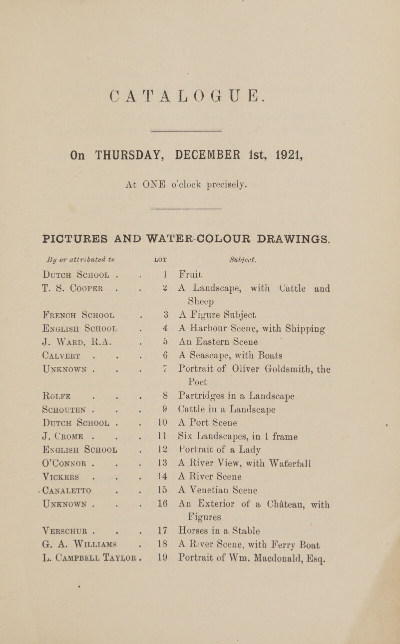   By or atiributed to DutcH SCHOOL . T. S. CooPEerR FRENCH SCHOOL ENGLISH SCHOOL die Warp, KA. CALVERT UNKNOWN . RoLFE SCHOUTEN . DutcH ScHOOL . J. CROME EixeuisH ScHOOL O’CoNNOR . VICKERS - CANALETTO UNKNOWN . VERSCHUR . G. A. WILLIAMS L. CAMPBELL TAYLOR. wm Subject. Fruit A Landscape, Sheep A Figure Subject A Harbour Scene, with Shipping An Hastern Scene with Cattle and A Seascape, with Boats Portrait of Oliver Goldsmith, the Poet Partridges in a Landscape Cattle in a Landscape A Port Scene Six Landscapes, in 1 frame Portrait of a Lady A River View, with Waterfall A River Scene A Venetian Scene An Exterior of a Chateau, with Figures Horses in a Stable A River Scene, with Ferry Boat Portrait of Wm, Macdonald, Esq.