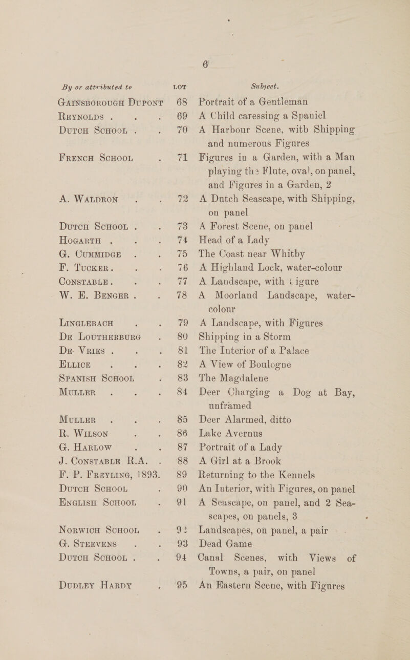 GAINSBOROUGH DUPONT REYNOLDS . DutcH ScHOOL . FRENCH ScHOOL A. WALDRON DutcH ScHOOL . HoGartH G. CUMMIDGE F. Tucker. CONSTABLE. W. E. BEenGrErR . LINGLEBACH Dr LouTHERBURG Dr: VRIES . ELLICE F SPANISH SCHOOL MULLER MULLER R. WILson G. HarLow J. CoNSTABLE, R.A. F. P. Freynine, 1893. DutcH ScHOOL ENGLISH ScHOOL NorwicH ScHooL G. STEEVENS DutoH SCHOOL . DupLEyY Harpy ' Portrait of a Gentleman A Child caressing a Spaniel A Harbour Scene, witb Shipping and numerous Figures Figures in a Garden, with a Man playing the Flute, oval, on panel, and Figures in a Garden, 2 A Dutch Seascape, with Shipping, on panel A Forest Scene, on panel Head of a Lady The Coast near Whitby A Highland Lock, water-colour A Landscape, with i igure } A Moorland Landscape, water- colour A Landscape, with Figures Shipping in a Storm The Interior of a Palace A View of Boulogne The Magdalene Deer Charging a Dog at Bay, unframed Deer Alarmed, ditto Lake Avernus Portrait of a Lady A Girl at a Brook Returning to the Kennels An Interior, with Figures, on panel A Seascape, on panel, and 2 Sea- scapes, on panels, 3 Landscapes, on panel, a pair Dead Game Canal with Views of Towns, a pair, on panel An Eastern Scene, with Figures Scenes,