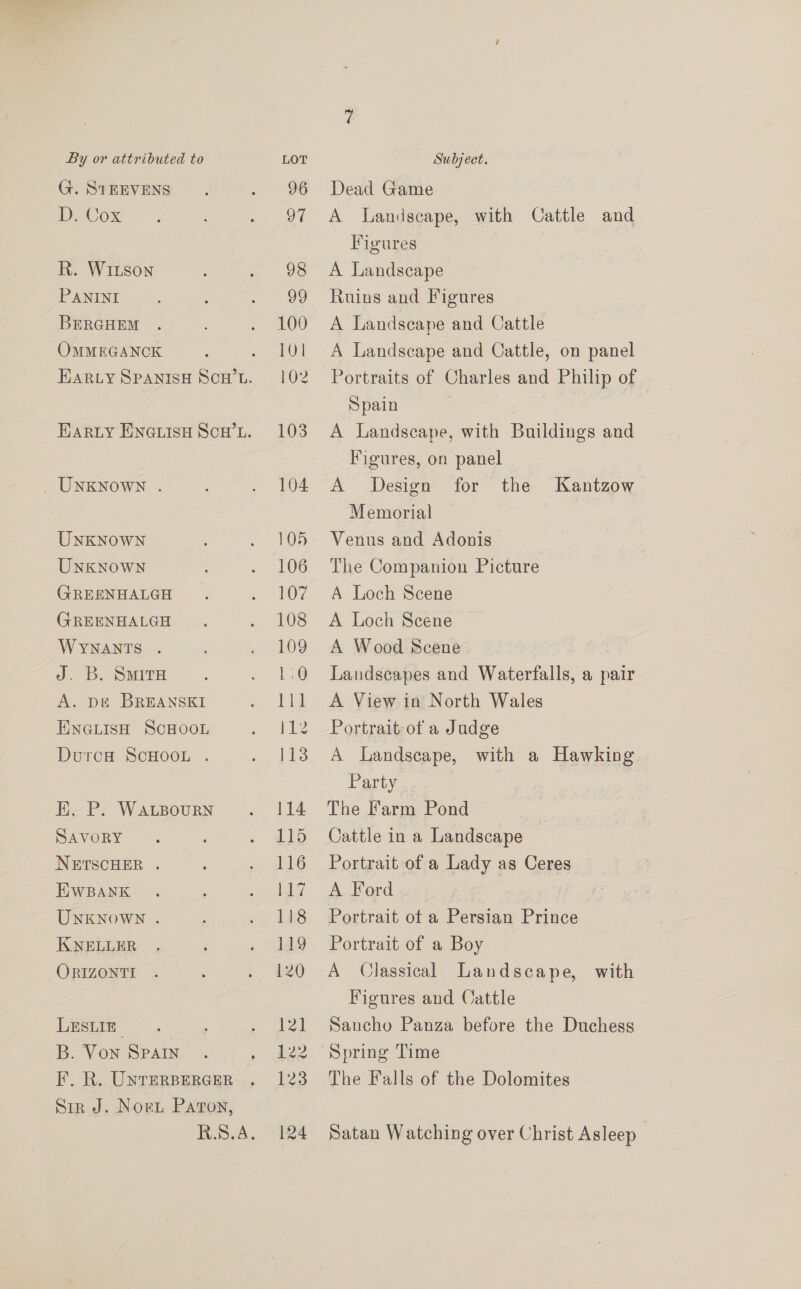 G. STEEVENS DECox R. Wison PANINI BERGHEM OMMEGANCK UNKNOWN . Unknown UNKNOWN GREENHALGH GREENHALGH WYNANTS . J. B. Smita A. DE BREANSKI ENGLISH SCHOOL Durca ScHOOL . E. P. WALBoURN SAVORY NETSCHER . EWBANK UNKNOWN . KNELLER ORIZONTI LESLIE B. Von SPAIN I. R. UnTERBERGER Sir J. Nort Paton, Dead Game A Landscape, with Cattle and Figures A Landscape Ruins and Figures A Landscape and Cattle A Landscape and Cattle, on panel Portraits of Charles and Philip of Spain A Landscape, with Buildings and Figures, on panel A Design for the Memorial Venus and Adonis The Companion Picture A Loch Scene A Loch Scene A Wood Scene Landscapes and Waterfalls, a pair A View in North Wales Portrait: of a Judge A Landscape, with a Hawking. Party | The Farm Pond Cattle in a Landscape Portrait of a Lady as Ceres A Ford Portrait ot a Persian Prince Kantzow Portrait of a Boy A Classical Landscape, with Figures and Cattle Sancho Panza before the Duchess The Falls of the Dolomites Satan Watching over Christ Asleep