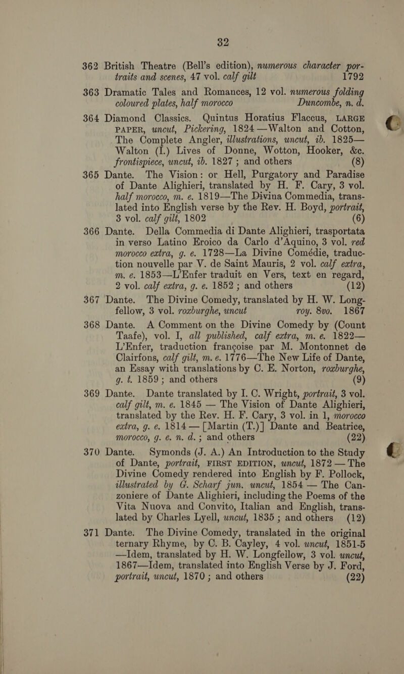  traits and scenes, 47 vol. calf gilt 1792 363 Dramatic Tales and Romances, 12 vol. numerous folding coloured plates, half morocco Duncombe, n. d. 364 Diamond Classics. Quintus Horatius Flaccus, LARGE PAPER, uncut, Pickering, 1824—Walton and Cotton, The Complete Angler, illustrations, uncut, 1b. 1825— Walton (I.) Lives of Donne, Wotton, Hooker, &amp;c. 365 Dante. The Vision: or Hell, Purgatory and Paradise of Dante Alighieri, translated by H. F. Cary, 3 vol. half morocco, m. e. 1819—The Divina Commedia, trans- lated into English verse by the Rev. H. Boyd, portrait, 366 Dante. Della Commedia di Dante Alighieri, trasportata in verso Latino Eroico da Carlo d’Aquino, 3 vol. red morocco extra, g. é. 1728—La Divine Comédie, traduc- tion nouvelle par V. de Saint Mauris, 2 vol. calf extra, m. é. 1853—L’Enfer traduit en Vers, text en regard, 367 Dante. The Divine Comedy, translated by H. W. Long- fellow, 3 vol. roxburghe, uncut roy. 8vo. 1867 368 Dante. A Comment on the Divine Comedy by (Count Taafe), vol. I, all published, calf extra, m. e 1822— L’Enfer, traduction francoise par M. Montonnet de Clairfons, calf gilt, m. e. 1776—The New Life of Dante, an Essay with translations by C. E. Norton, roxburghe, 369 Dante. Dante translated by I. C. Wright, portrait, 3 vol. calf gilt, m. ¢. 1845 — The Vision of Dante Alighieri, translated by the Rev. H. F. Cary, 3 vol. in 1, morocco extra, g. e. 1814 — [Martin (T.)] Dante and Beatrice, morocco, g. &amp; n. d.; and others (22) 370 Dante. Symonds (J. A.) An Introduction to the Study of Dante, portrait, FIRST EDITION, uncut, 1872 — The Divine Comedy rendered into English by F. Pollock, illustrated by G. Scharf jun. uncut, 1854 — The Can- zoniere of Dante Alighieri, including the Poems of the Vita Nuova and Convito, Italian and English, trans- lated by Charles Lyell, wncut, 1835 ; and others (12) 371 Dante. The Divine Comedy, translated in the original ternary Rhyme, by C. B. Cayley, 4 vol. wncut, 1851-5 —lIdem, translated by H. W. Longfellow, 3 vol. uncut, 1867—Idem, translated into English Verse by J. Ford, portrait, uncut, 1870 ; and others (22) €