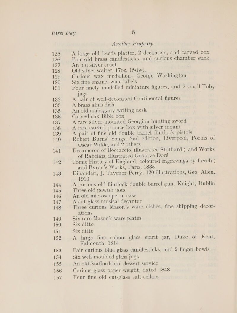 125 126 127 128 129 130 131 132 133 135 136 137 138 139 140 141 142 143 144 145 146 147 148 149 150 151 152 153 154 155 156 157 Another Property. A large old Leeds platter, 2 decanters, and carved box Pair old brass candlesticks, and curious chamber stick An old silver cruet Old silver waiter, 17oz. 15dwt. Curious wax medallion—George Washington Six fine enamel wine labels Four finely modelled miniature figures, and 2 small Toby jugs A pair of well-decorated Continental figures A brass alms dish An old mahogany writing desk Carved oak Bible box A rare silver-mounted Georgian hunting sword A rare carved pounce box with silver mount A pair of fine old double barrel flintlock pistols Robert Burns’ Songs, 2nd edition, Liverpool, Poems of Oscar Wilde, and 2 others Decameron of Boccaccio, illustrated Stothard ; and Works of Rabelais, illustrated Gustave Doré Comic History of England, coloured engravings by Leech ; and Byron’s Works, Paris, 1835 Dinanderi, J. Tavenor-Perry, 120 illustrations, Geo. Allen, 1910 A curious old flintlock double barrel gun, Knight, Dublin Three old pewter pots An old microscope, in case A cut-glass musical decanter Three curious Mason’s ware dishes, fine shipping decor- ations Six rare Mason’s ware plates Six ditto Six ditto A large fine colour glass spirit jar, Duke of Kent, Falmouth, 1814 Pair curious blue glass candlesticks, and 2 finger bowls Six well-moulded glass jugs An old Staffordshire dessert service Curious glass paper-weight, dated 1848 Four fine old cut-glass salt-cellars