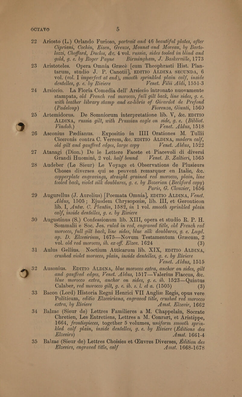 23 24 29 33 34 35 Cipriam, Cochin, Eisen, Greuze, Monnet and Moreau, by Barto- loze, Choffard, Duclos, &amp;c. 4 vol. russia, sides tooled in blind and gold, g. e. by Roger Payne Birmingham, J. Baskerville, 1773 Aristoteles. Opera Omnia Greecé [cum Theophrasti Hist. Plan- tarum, studio J. P. Canotii], EDITIO ALDINA SECUNDA, 6 vol. (vol. I imperfect at end), smooth sprinkled plain calf, inside dentelles, g. ¢. by Riviere Venet. Filia Aldi, 1551-3 Arsiccio. La Floria Comedia dell’ Arsiccio intronato nuovamente stampata, old French red morocco, full gilt back, line sides, q. e. with leather library stamp and ex-libris of Girardot de Prefond (Padeloup) Fiorenza, Giunti, 1560 Artemidorus. De Somniorum interpretatione lib. V, &amp;c. EDITIO ALDINA, russia gilt, with Prussian eagle on side, g. e. (Babliot. Vindob.) Venet. Aldus, 1518 Asconius Pedianus. Expositio in IIII Orationes M. Tullii Ciceronis contra C. Verrem, &amp;c. EDITIO ALDINA, modern calf, old gilt and gauffred edges, large copy Venet. Aldus, 1522 Atanagi (Dion.) De le Lettere Facete et Piacevoli di diversi Grandi Huomini, 2 vol. half bound Venet. B. Zaltieri, 1565 Audeber (Le Sieur) Le Voyage et Observations de Plusieurs Choses diverses qui se peuvent remarquer en Italie, &amp;c. copperplate engravings, straight grained red morocco, plain, line tooled back, violet silk doublures, g. e. by Bozerian (Beckford copy) Paris, G. Clouzier, 1656 Augurellus (J. Aurelius) [Poemata Omnia], EDITIO ALDINA, Venet. Aldus, 1505; Ejusdem Chrysopeeie, lib. III, et Geronticon lib. I, Antw. C. Plantin, 1582, in 1 vol. smooth sprinkled plain calf, inside dentelles, g. e. by Riviere Augustinus (S.) Confessionum lib. XIII, opera et studio R. P. H. Sommalii e Soc. Jes. ruled in red, engraved title, old French red morocco, full gilt back, line sides, blue silk doublures, g. e. Lugd. ap. D. Elzeviriwm, 1675—Novum Testamentum Grecum, 2 vol. old red morocco, ib. ex-off. Elzev. 1624 (3) Aulus Gellius. Noctium Atticarum lib. XIX, EDITIO ALDINA, crushed violet morocco, plain, inside dentelles, g. e. by Riviere Venet. Aldus, 1515 Ausonius. Epirro ALDINA, blue morocco extra, anchor on sides, gilt and gauffred edges, Venet. Aldus, 1517—Valerius Flaccus, &amp;c. blue morocco extra, anchor on sides, g. e. 1b. 1523—Quintus Calaber, red morocco gilt, g. é. ib. s. I. et a. (1505) (3) Bacon (Lord) Historia Regni Henrici VII Angliz Regis, opus vere Politicum, editio Elzeviriana, engraved title, crushed red morocco extra, by Riviere Amst. Elzevir, 1662 Balzac (Sieur de) Lettres Familieres a M. Chappelain, Socrate Chretien, Les Entretiens, Lettres a M. Conrart, et Aristippe, 1664, frontispreces, together 5 volumes, uniform smooth sprin- kled calf plain, inside dentelles, g. e. by Riviere (Editions des Llzevirs) Amst. 1661-4 Balzac (Sieur de) Lettres Choisies et GHuvres Diverses, Edition des Elzevirs, engraved title, calf Amst, 1668-1678