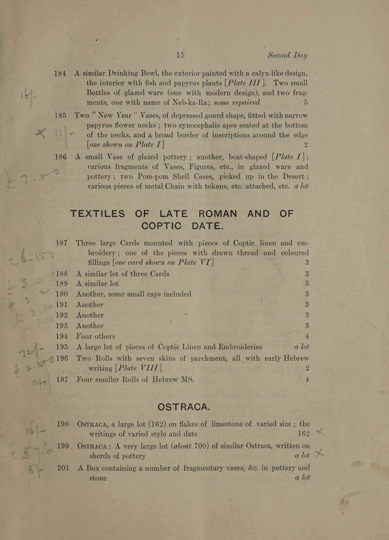 184 185 187 15 Second Day the interior with fish and papyrus plants [Plate J// |. Two small Bottles of glazed ware (one with modern design), and two frag- ments, one with name of Neb-ka-Ra; some repaired 5 Two “New Year” Vases, of depressed gourd shape, fitted with narrow papyrus flower necks ; two cynocephalic apes seated at the bottom of the necks, and a broad border of inscriptions around the edge [one shown on Plate T | 3 A small Vase of glazed pottery; another, boat-shaped [Plate I]; various fragments of Vases, Figures, etc., in glazed ware and pottery ; two Pom-pom Shell Cases, picked up in the Desert ; various pieces of metal Chain with tokens, ete. attached, etc. a lot COPTIC DATE. Three large Cards mounted with pieces of Coptic linen and em- broidery ; one of the pieces with drawn thread and coloured fillings [one card shown on Plate VI | 3 A similar lot of three Cards 3 A similar lot 3 Another, some small caps included 3 Another _ 3 Another 3 Another ; 3 Four others 4. A large lot of pieces of Coptic Linen and Embroideries a lot Two Rolls with seven skins of parchment, all with early Hebrew writing [Plate VIIT | 2 Four smaller Rolls of Hebrew MS. 4 OST RACA. OsTRACA, a large lot (162) on flakes of limestone of varied size ; the writings of varied style and date 162 Ostraca: A very large lot (about 700) of similar Ostraca, written on sherds of pottery a lot A Box containing a number of fragmentary vases, &amp;c. in pottery and stone a lot