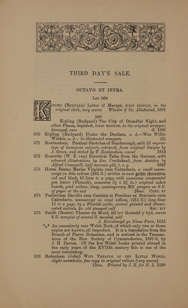  LOTR DAD AY See Ady be  OCTAVO ET INFRA. Lot 568 [PLING (Rupyarp) Letter of Marque, FIRST EDITION, in the «original cloth, very scarce Wheeler § Co. Allahabad, 1891 569 Kipling (Rudyard) The City of Dreadful Night, and other Places, depicted, FIRST EDITION, in the original wrapper,  damaged, rare ab. 1891 070 Kipling (Rudyard) Under the Deodars, n. d—Wee Willie Winkie, n. d.; in illustrated wrappers (2) 571 Rowlandson. Poetical Sketches of Scarborough, with 21 engrav- ings of humorous subjects, coloured, from original designs by J. Green, and etched by T. Rowlandson, uncut 1813 572 Kosewitz (W. F. von) Eccentric Tales from the German, with coloured illustrations by Geo. Cruckshank, from sketches by Alfred Crowquill, half morocco gilt, t. e. g. 1827 573 Horae Beatae Mariae Virginis cum Calendario, a small manu- script on thin vellum (285 Il.) written in neat gothic characters, red and black, 16 lines to a page, with numerous ornamental pen letters (Flemish), measures 3¢ X 23 in.) original oaken boards, pink vellum, clasp, contemporary MS. prayers on 6 Il. of paper at the end 24mo. CENT. XV 574 Psalterium Davidis cum Canticis et Precibus ex Breviario cum Calendario, manuscript on stout vellum, (215 Il.) long lines 15 to a page, by a Flemish scribe, several painted and illumi- nated initials, §c. old stamped calf SAC. XIV 575 Smith (Rosier) Theater du Mond, fef ivv Gorsedd y byd, wants 6 ll. margins of several ll. mended, calf A. Breintivoyd yn Ninas Paris, 1615 *,* An excessively rare Welsh Book, of which only two or three copies are known, all imperfect. It is a translation from the French of Pierre Boiaustau, and is noticed in the Transac- tions of the Hon. Society of Cymmrodorion, 1897-8, by J. H. Davies. Of the few Welsh books printed abroad in the early years of the XVIIth century this is one of the most interesting. 576 Bodenham (John) Wits TuHeaterR or THE Litrtne Wor tp, slight wormholes, fine copy in original vellum (very scarce) 12mo. Printed by J. R. for N. L. 1599