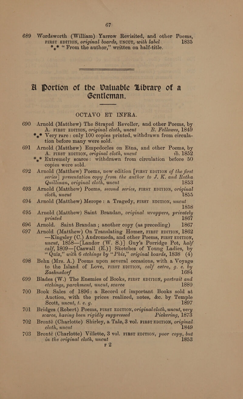 689 690 691 692 67 Wordsworth (William) Yarrow Revisited, and other Poems, FIRST EDITION, original boards, UNCUT, with label 1835 *,* “ From the author,” written on half-title. Gentleman.  OCTAVO ET INFRA. Arnold (Matthew) The Strayed Reveller, and other Poems, by A. FIRST EDITION, original cloth, uncut B. Fellowes, 1849 *,* Very rare: only 100 copies printed, withdrawn from circula- tion before many were sold. Arnold (Matthew) Empedocles on Etna, and other Poems, by A. FIRST EDITION, original cloth, uncut ab. 1852 *,* Extremely scarce: withdrawn from circulation before 50 copies were sold. _ Arnold (Matthew) Poems, new edition [FiRST EDITION of the first sertes| presentation copy from the author to J. K. and Rotha Quillinan, original cloth, uncut 1853 Arnold (Matthew) Poems, second series, FIRST EDITION, original cloth, uncut 1855 Arnold (Matthew) Merope: a Tragedy, FIRST EDITION, uncut 1858 Arnold (Matthew) Saint Brandan, original wrappers, privately printed 1867 Arnold. Saint Brandan ; another copy (as preceding) 1867 Arnold (Matthew) On Translating Homer, First EpiTion, 1862 —Kingsley (C.) Andromeda, and other Poems, FIRST EDITION, uncut, 1858—[Landor (W. 8.)] Guy’s Porridge Pot, half calf, 1809—[Caswall (H.)] Sketches of Young Ladies, by “ Quiz,” with 6 etchings by “ Phiz,” original boards, 1838 (4) Behn (Mrs. A.) Poems upon several occasions, with a Voyage to the Island of Love, First EDITION, calf extra, g. e. by Zaehnsdorf 1684 Blades (W.) The Enemies of Books, First EDITION, portrait and etchings, parchment, uncut, scarce 1880 Book Sales of 1896: a Record of important Books sold at Auction, with the prices realized, notes, &amp;c. by Temple Scott, uncut, t. e. g. 1897 Bridges (Robert) Poems, FIRST EDITION, original cloth, uncut, very scarce, having been rigidly suppressed Pickering, 1873 Bronté (Charlotte) Shirley, a Tale, 3 vol. FIRST EDITION, original cloth, uncut 1849 Bronté (Charlotte) Villette, 3 vol. FIRST EDITION, poor copy, but in the original cloth, uncut 1853 FQ