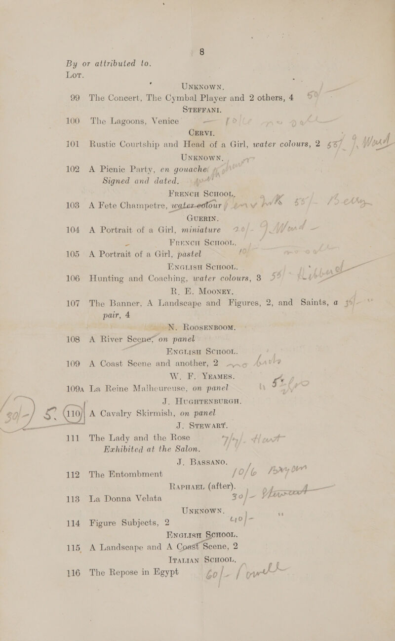 y UNKNOWN. L100 101 102 103 104 105 106 107 108 109 109A J gl 112 114 115. 116 STEFFANI. The Lagoons, Venice F CERVI. UNKNowN, A Picnic Party, en gouache Signed and dated. | FRENCH SCHOOL, A Fete Champetre, water-eolour i GUERIN. A Portrait of a Girl, miniature he FrReNct SCHOOL. A Portrait of a Girl, pastel fe JENGLISH SCHOOL. Hunting and Coaching, water colours, 3 R, EH. Mooney. pair, 4 ~N. RoosENBoom. A River Scenes on panel S ENGLISH SCHOOL. A Coast Scene and another, 2 w+. W. F. YEAMES. La Reine Malheureuse, on panel J. HUGHTENBURGH. A Cavalry Skirmish, on panel J. STEWART. The Lady and the Rose Exhibited at the Salon. J. BASSANO. The Entombment [O/¢ RapHaEL (after). , UNKNOWN. ‘ Figure Subjects, 2 ic IinearisH SCHOOL. A Landscape and A Coast’ Scene, 2 TIrantAN SCHOOL, _ The Repose in Egypt ee LN oN
