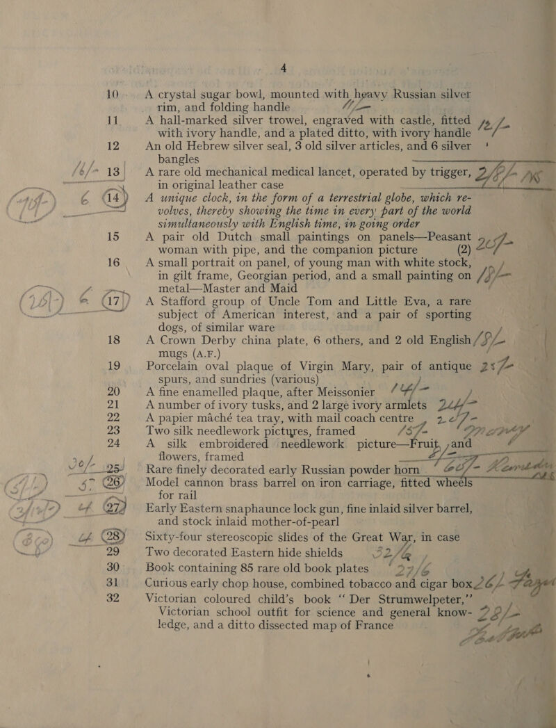 4 A crystal sugar bowl, Lous apni with hae Russian silver rim, and folding handle Tome A hall-marked silver trowel, engraved with castle, fitted /%, /- with ivory handle, anda plated ditto, with ivory handle An old Hebrew silver seal, 3 old silver articles, and 6 silver ' bangles ts ; A rare old mechanical medical lancet, operated by trigger, Z Ef XS in original leather case A wumique clock, in the form of a terrestrial globe, which re- volves, thereby showing the tume in every: part of the world simultaneously with English time, in going order A pair old Dutch small paintings on erm et r woman with pipe, and the companion picture 2) 27 A small portrait on panel, of young man with white sae in gilt frame, Georgian period, and a small painting on pp ja metal—Master and Maid | A Stafford group of Uncle Tom and Little Eva, a rare subject of American interest, and a pair of sporting dogs, of similar ware ; A Crown ane china plate, 6 others, and 2 old English, /§ 5, i .  mugs (A.F.) Porcelain oval plaque of Virgin Mary, pair of antique 2 se spurs, and sundries (various) j A fine enamelled plaque, after Meissonier , Y/ it / A number of ivory tusks, and 2 large ivory armlets 24 2 A papier maché tea tray, with mail coach centre , 22//- Two silk needlework pictyres, framed (S7/- DPR aIY A silk embroidered needlework picture—Fruit, ,and sf . flowers, framed ___~/ser fe Rare finely decorated early Russian powder horn __ ot =- Kemibdes he Model cannon brass barrel on iron carriage, fitted wheels” for rail Early Eastern snaphaunce lock gun, fine inlaid silver barrel, and stock inlaid mother-of-pearl Sixty-four stereoscopic slides of the Great War, in case Two decorated Eastern hide shields 32/ &amp; y Book containing 85 rare old book plates * 2B / 2 h Curious early chop house, combined tobacco cigar box2’ GL B a Victorian coloured child’s book “‘ Der Strumwelpeter,”’ Victorian school outfit for science and general know- Z bf ledge, and a ditto dissected map of France A 4 Me